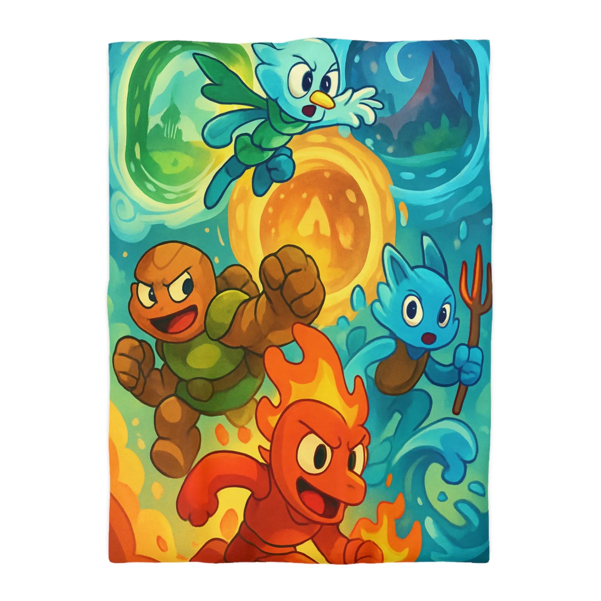 Housse de couette colorée avec motif de personnages d'éléments dans style aventure fantastique