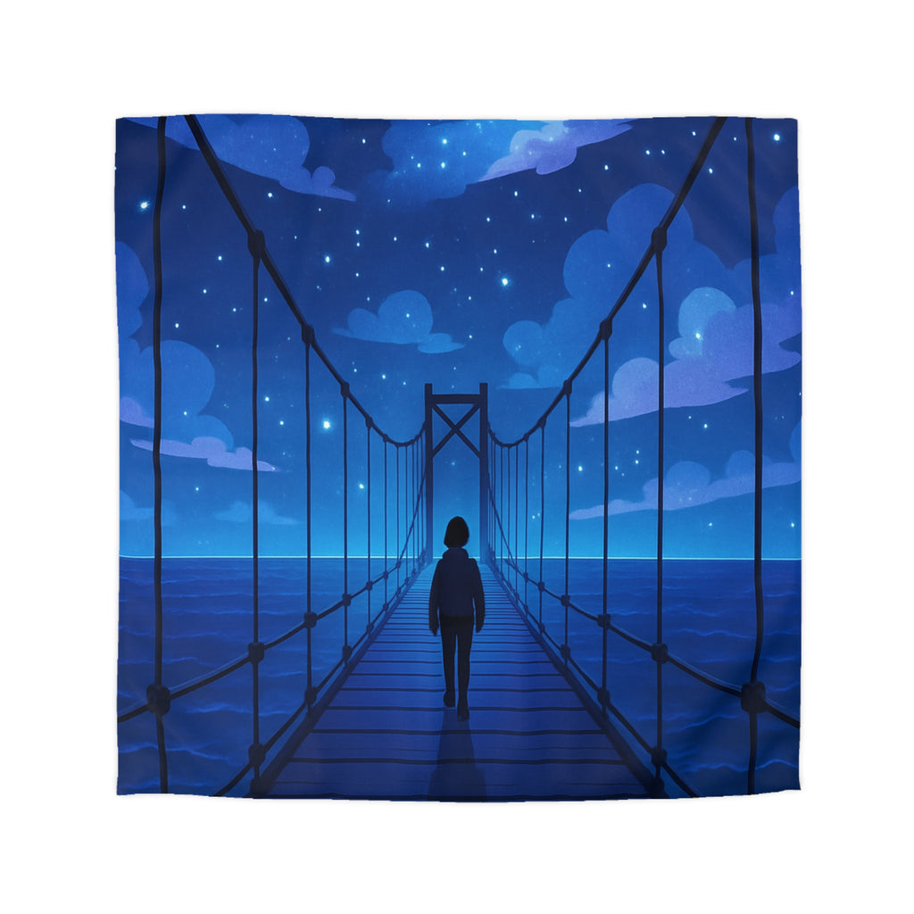 Housse de couette pont étoilé avec silhouette sous ciel nocturne bleu profond