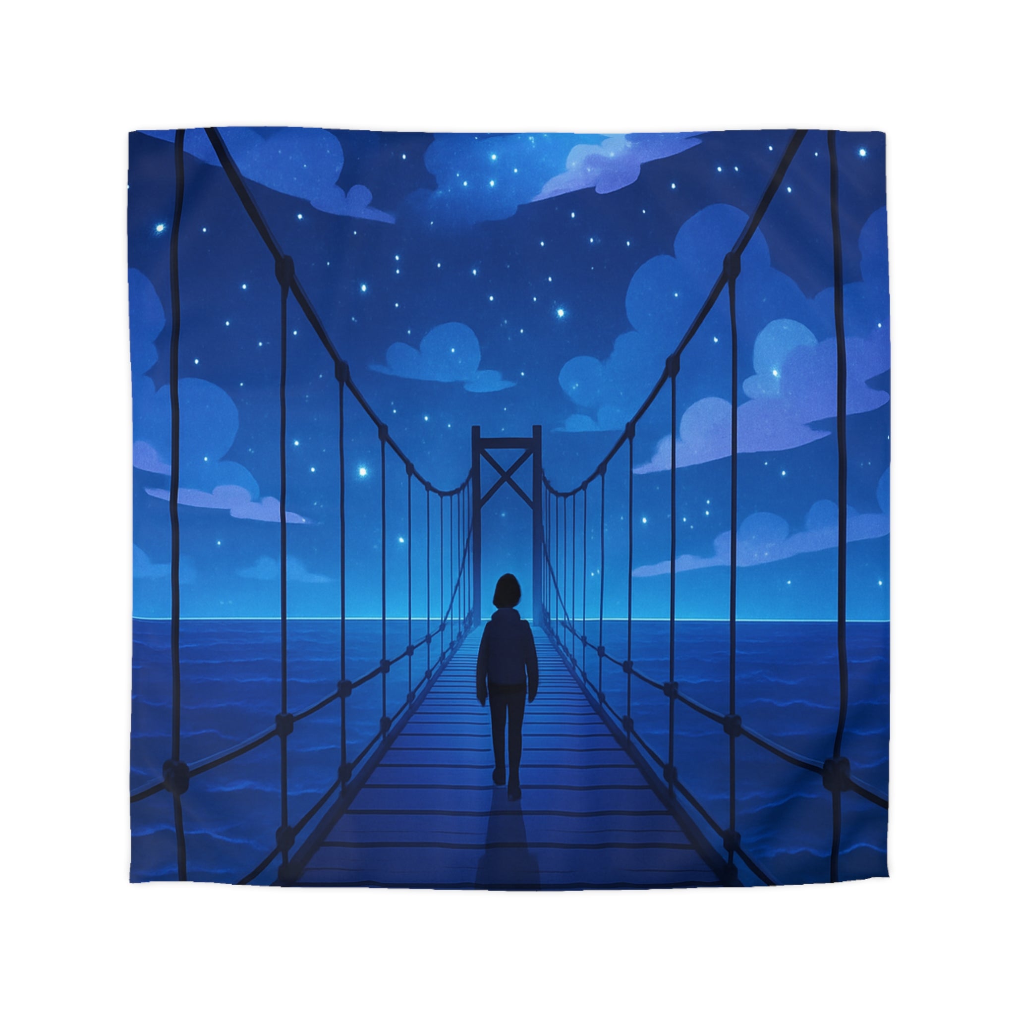 Housse de couette pont étoilé avec silhouette sous ciel nocturne bleu profond