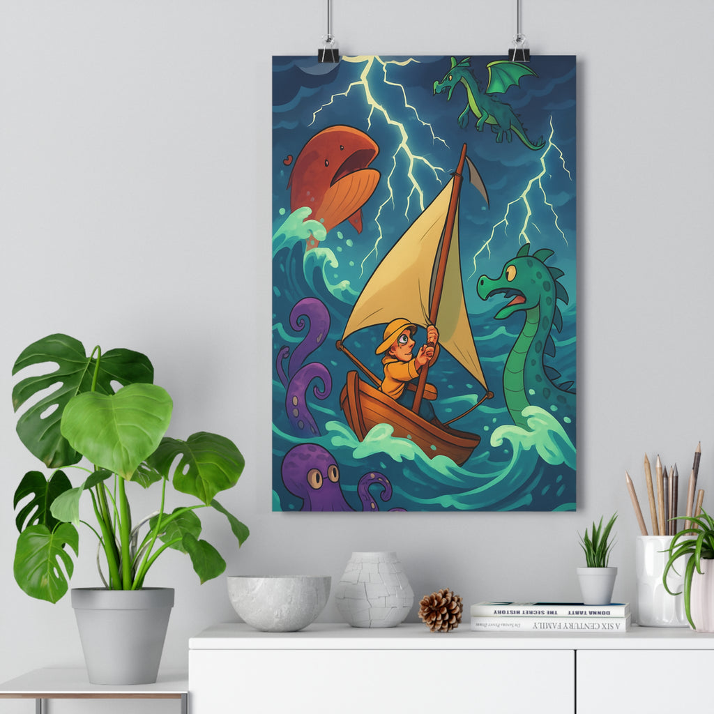 Poster décoratif océanique marin aventure bleu vert cartoon salon enfant créatures fantastiques dynamique éclairs