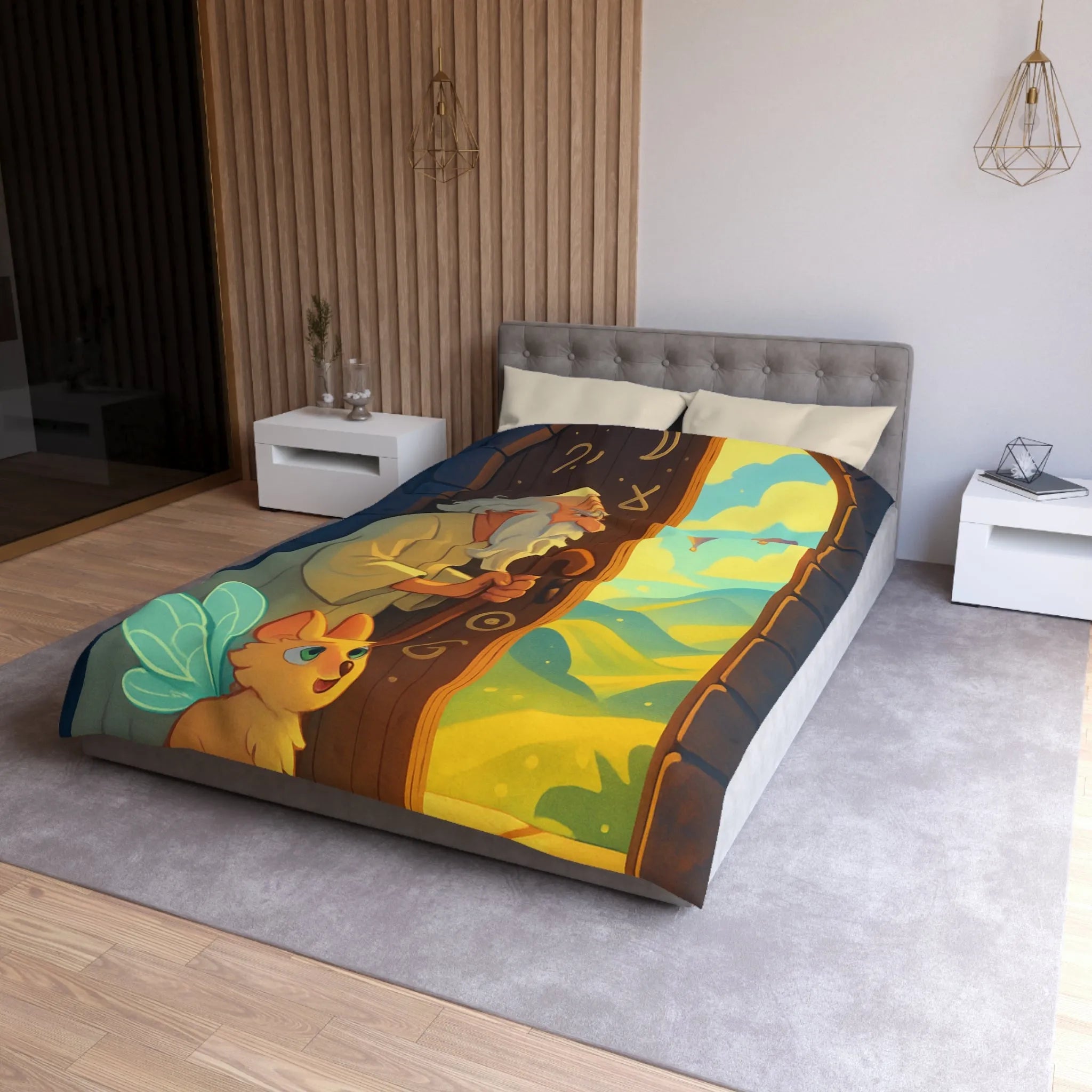 Housse de Couette Fantastique avec Ancien Sage et Paysage Magique Étoilé Soufflant