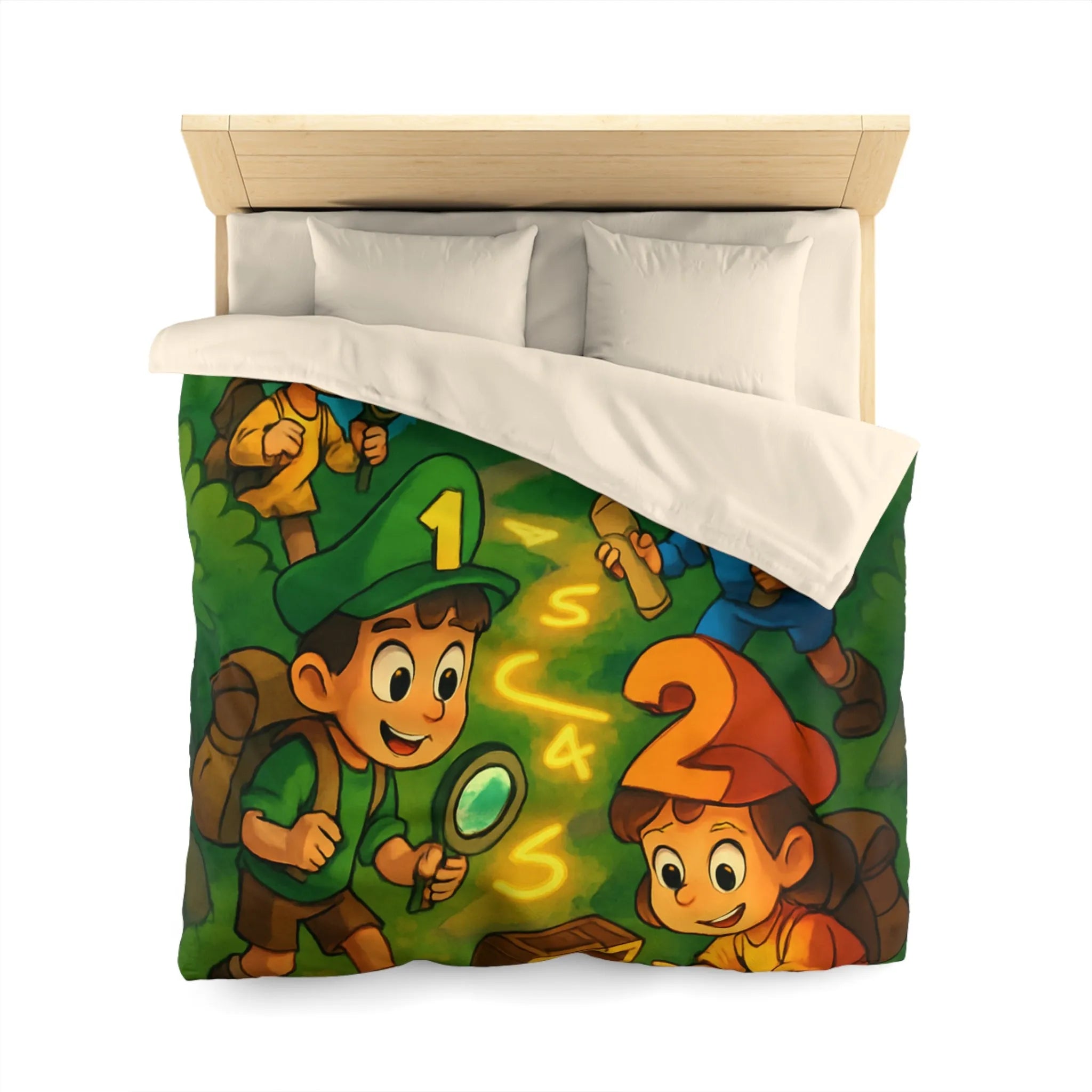 Housse de couette aventure enfants, chasse au trésor avec île et personnages joyeux