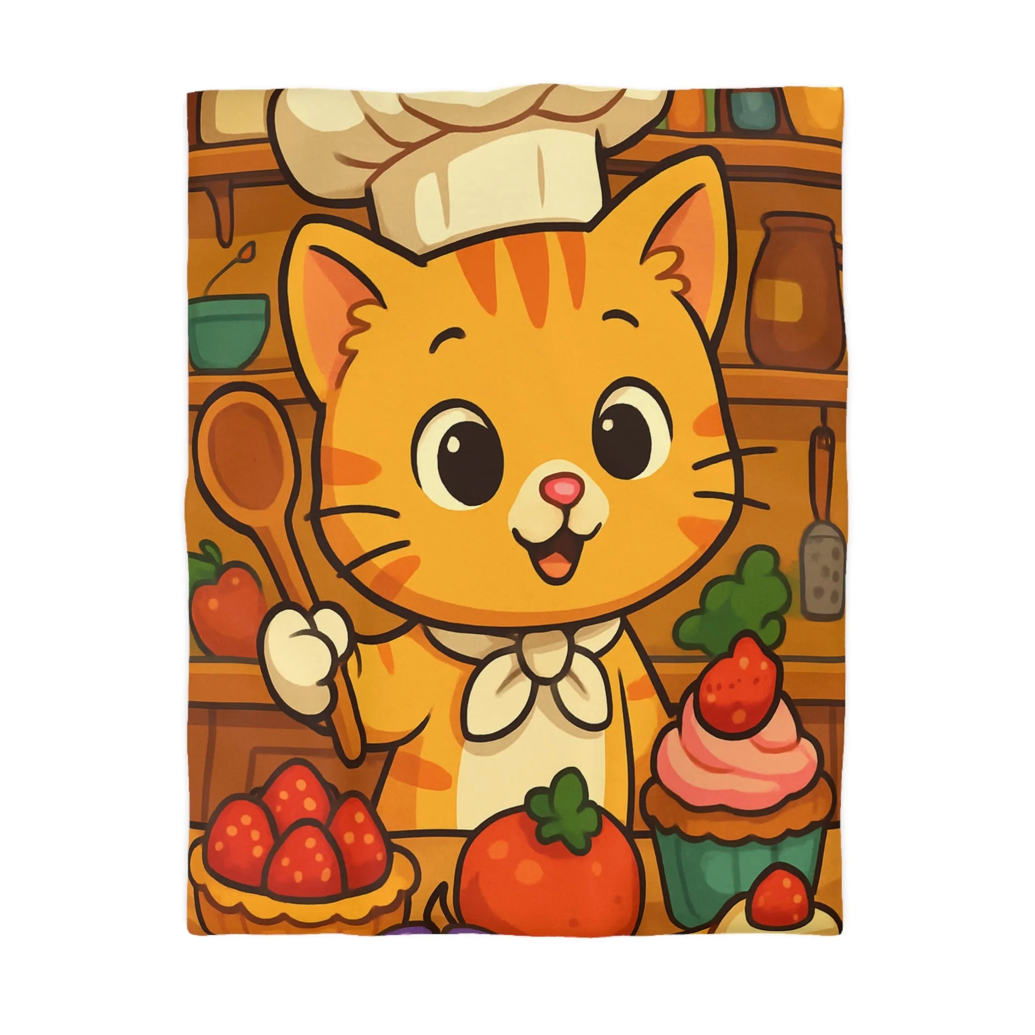 Housse de couette colorée avec chat cuisinier et pâtisseries dans une cuisine animée