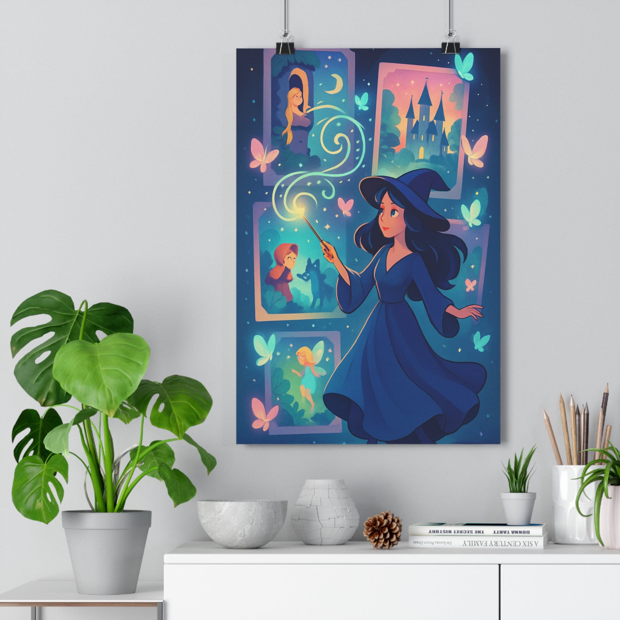 Poster décoratif sorcière bleu lumineux magique féérique pastel anime chambre créatif 30x46 ambiance rêveuse