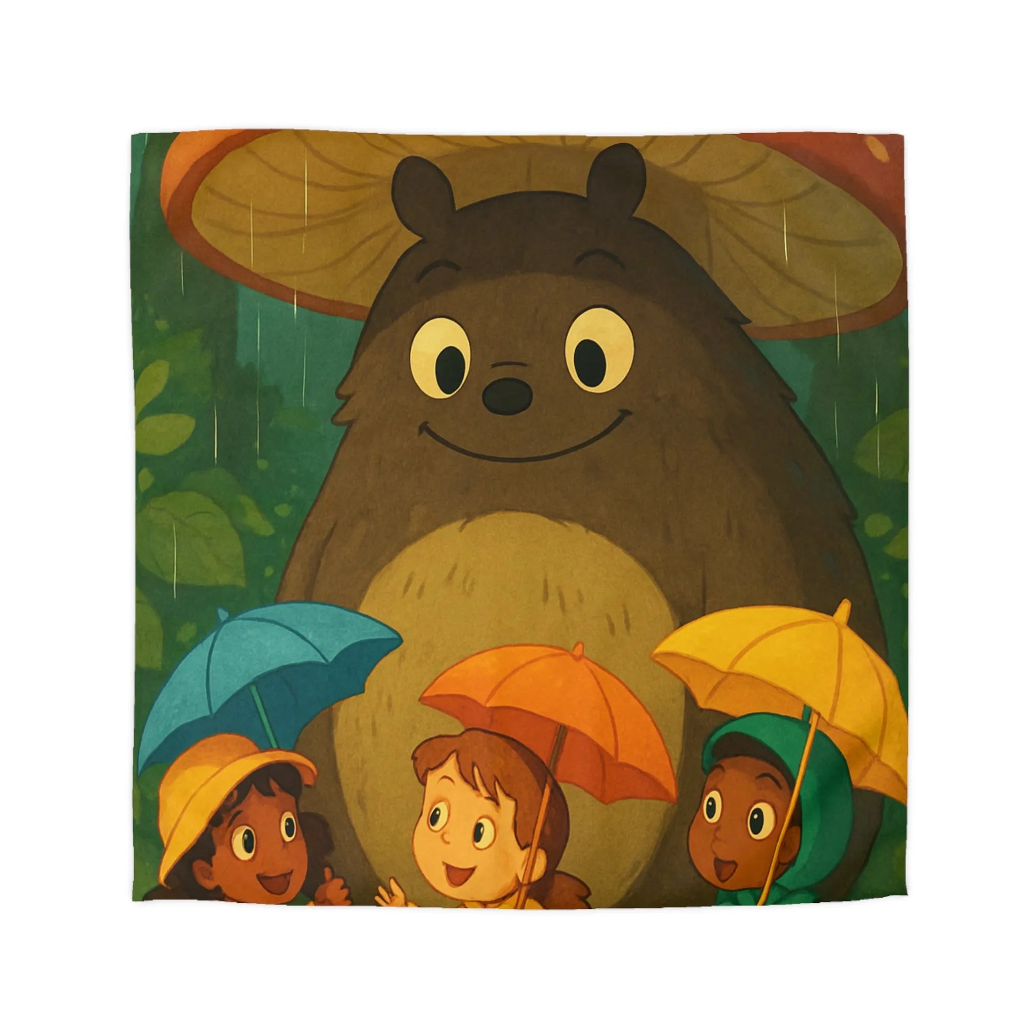 Housse de couette enfant avec ours sous champignon et enfants joyeux en forêt