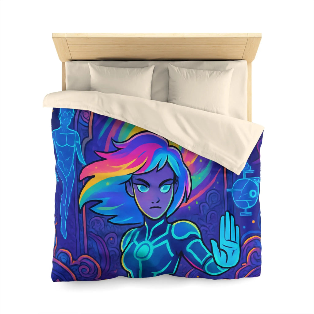 Housse de couette futuriste avec design néon multicolore et personnage dynamique