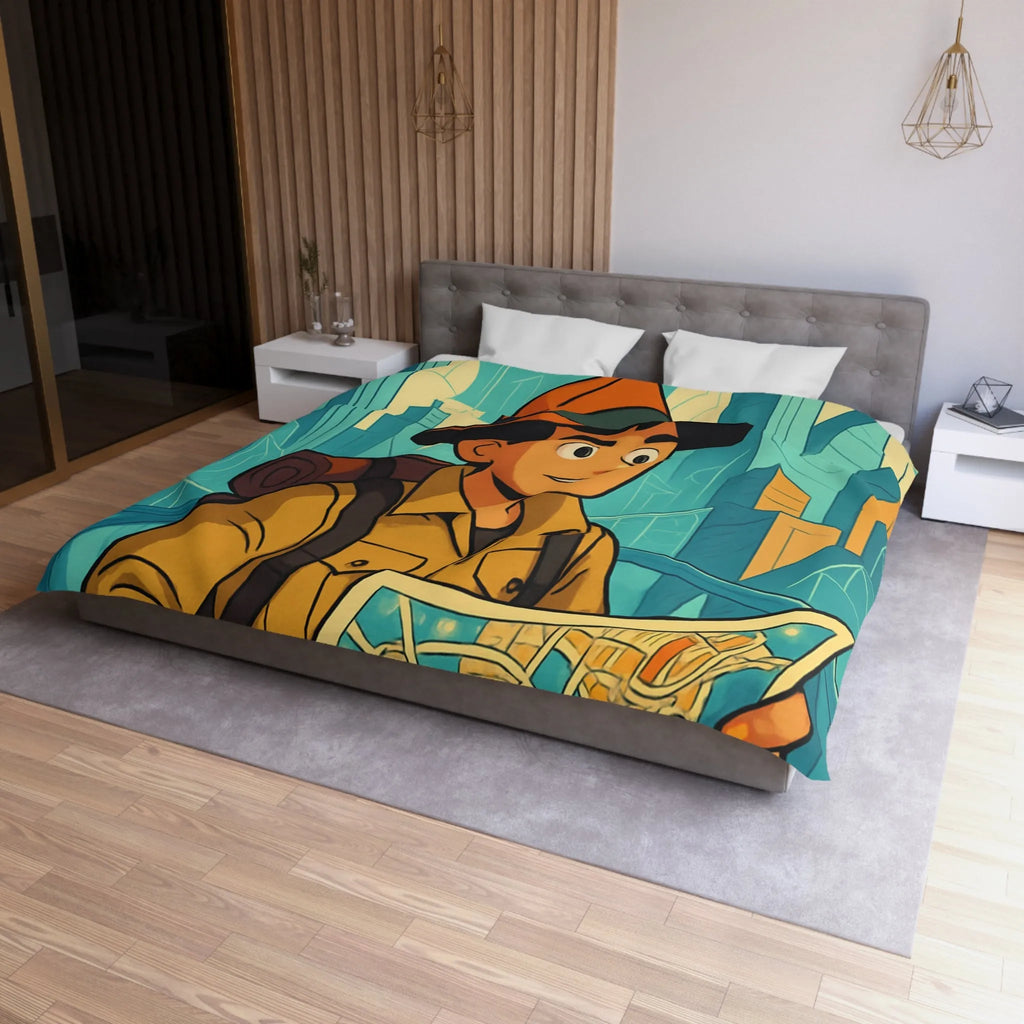 Découverte urbaine vibrante : jeune explorateur avec carte et gratte-ciels illustrés