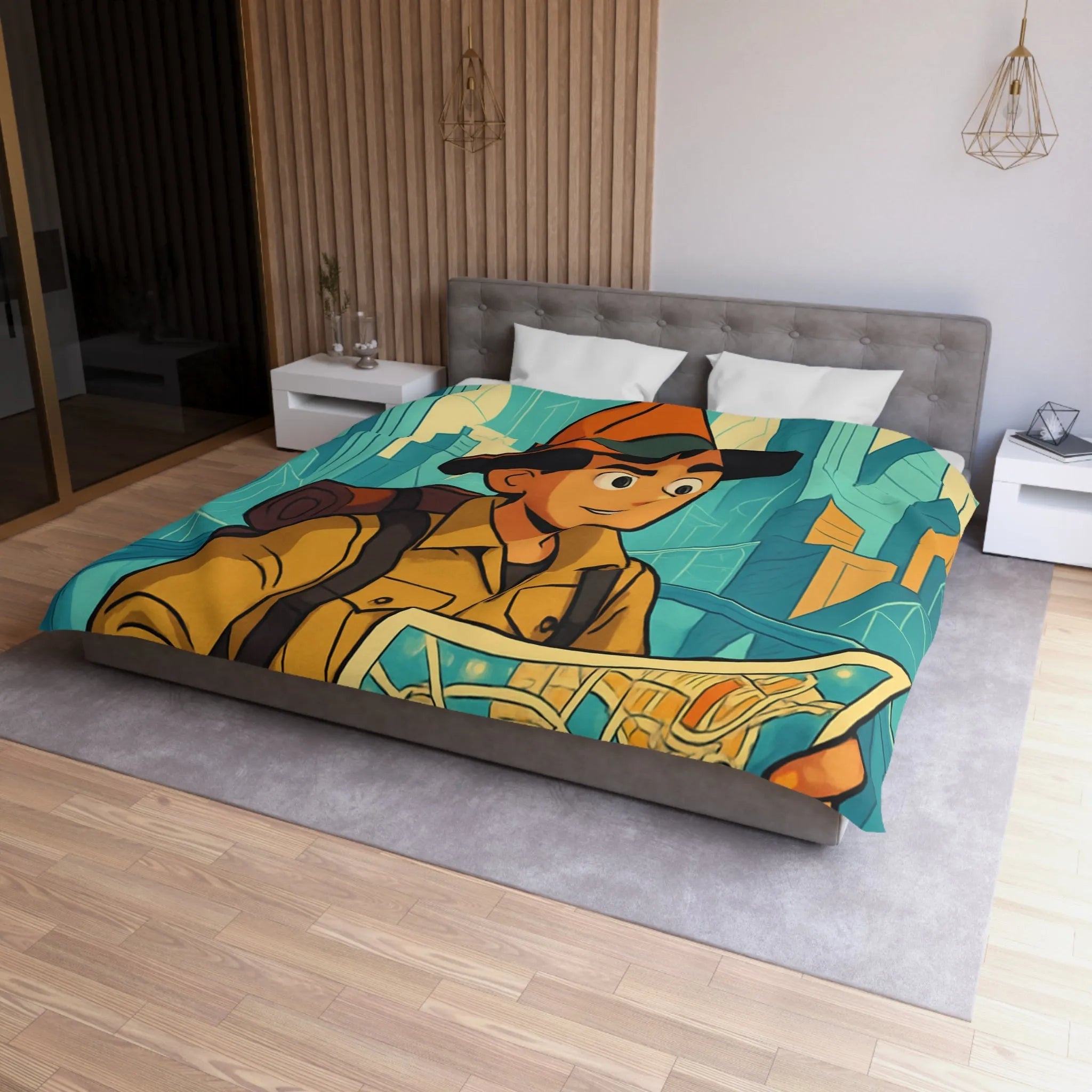 Découverte urbaine vibrante : jeune explorateur avec carte et gratte-ciels illustrés