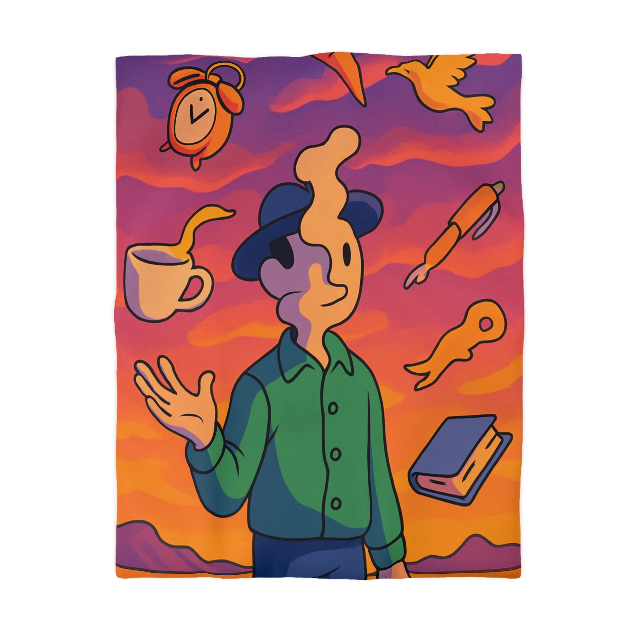 Housse de Couette Unique avec Design Surréaliste et Éléments Symboliques Vifs et Colorés