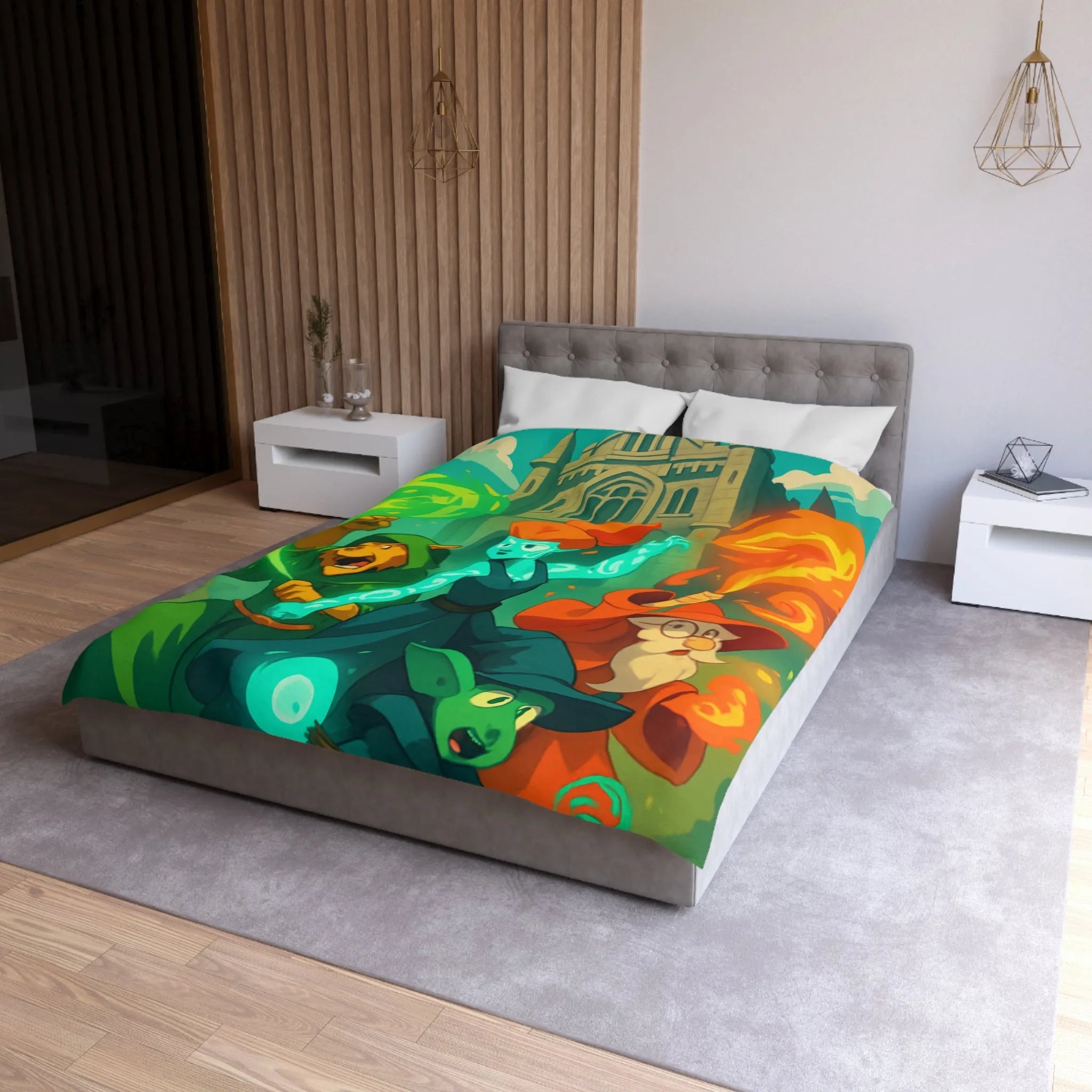 Housse de couette magique pour enfant avec personnages et château, ambiance féérique animée