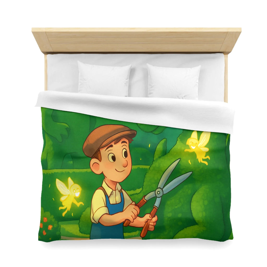 Housse de couette enfant dragon féérique avec jardin, verdure et ambiance magique naturelle