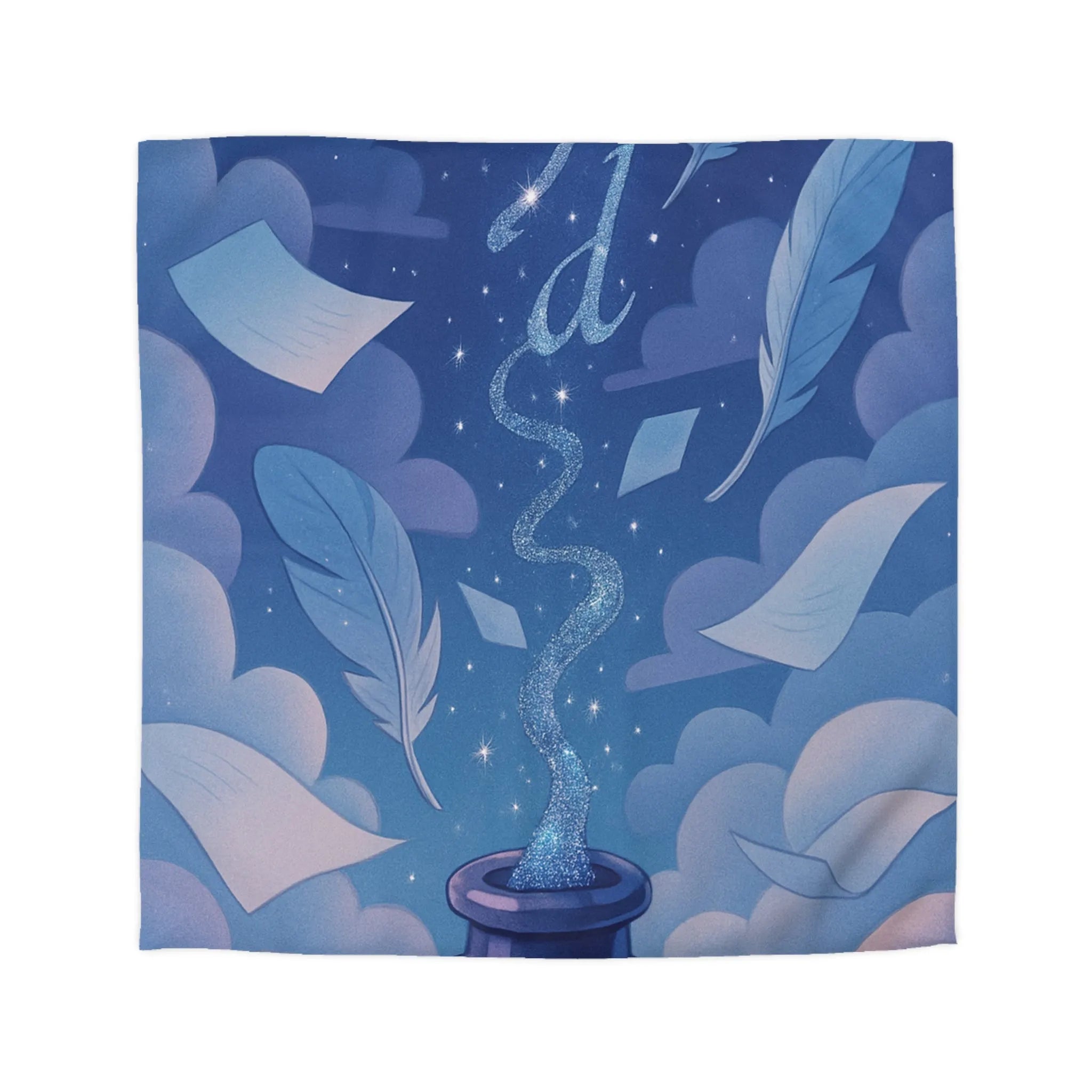 Housse de couette magique avec encre flottante, plumes et nuages rêveurs bleutés