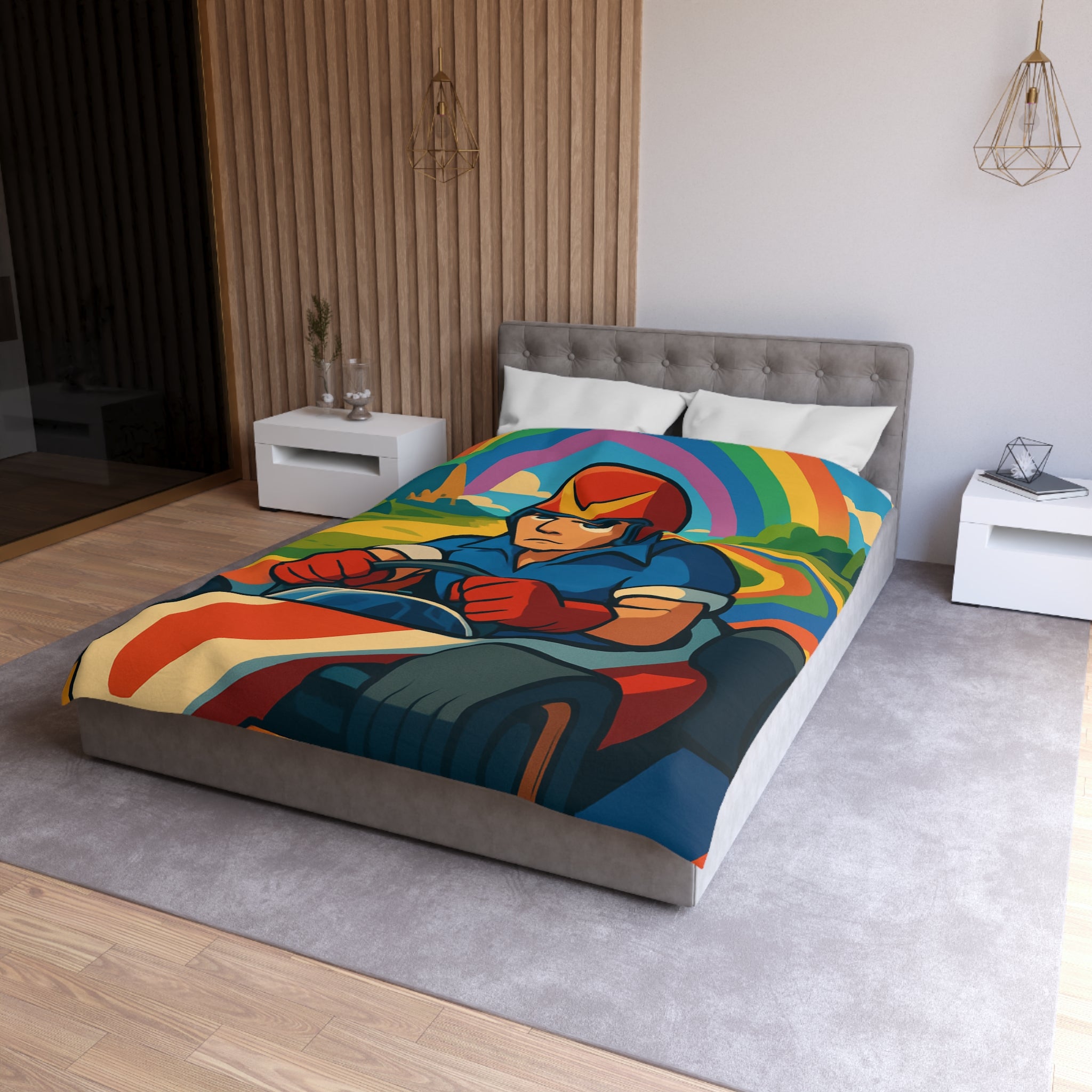 Housse de couette rétro colorée avec pilote de karting sous un arc-en-ciel vibrant