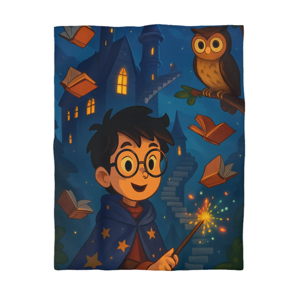 Housse de couette magique avec sorcier, hibou, château et livres enchantés étoiles