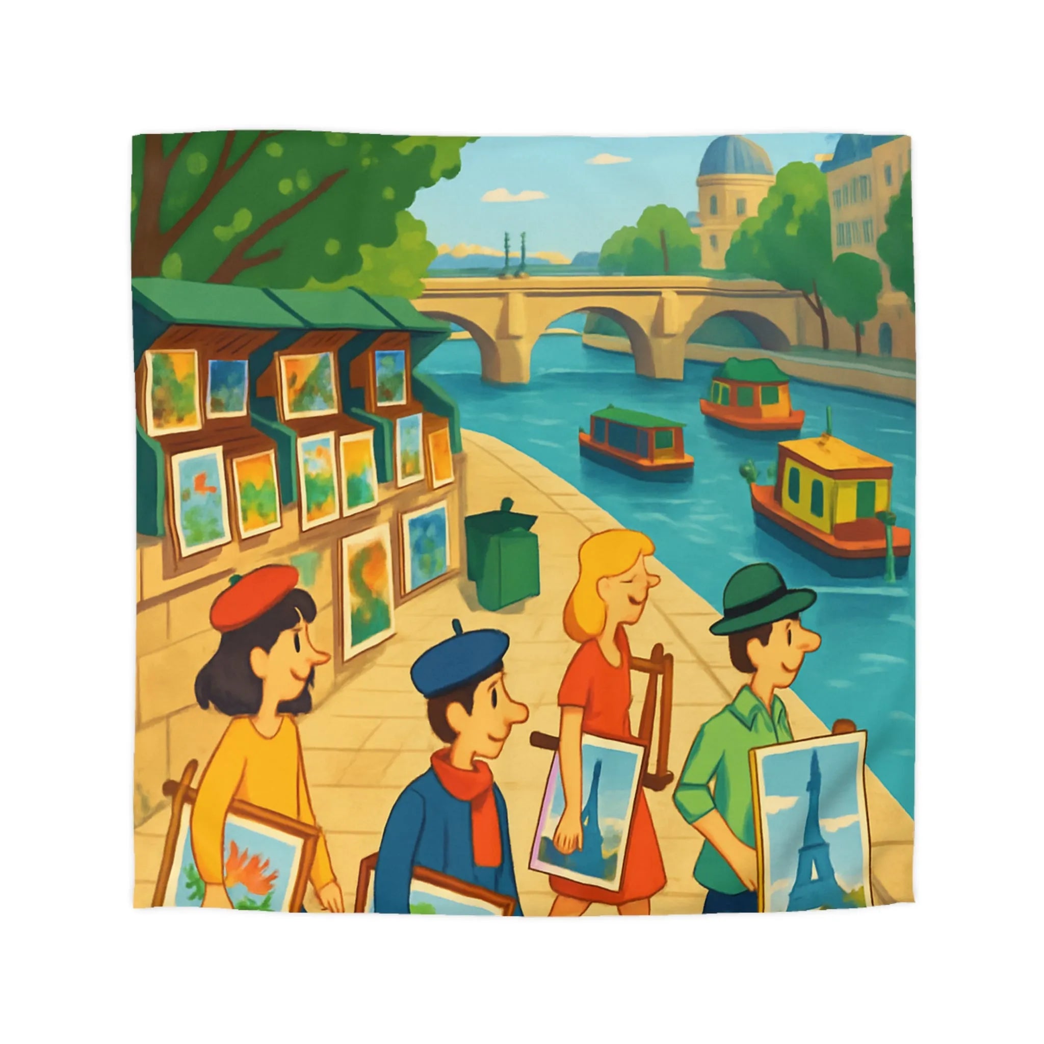 Housse de couette artistique thème parisien avec scènes de quai colorées et peintres joyeux