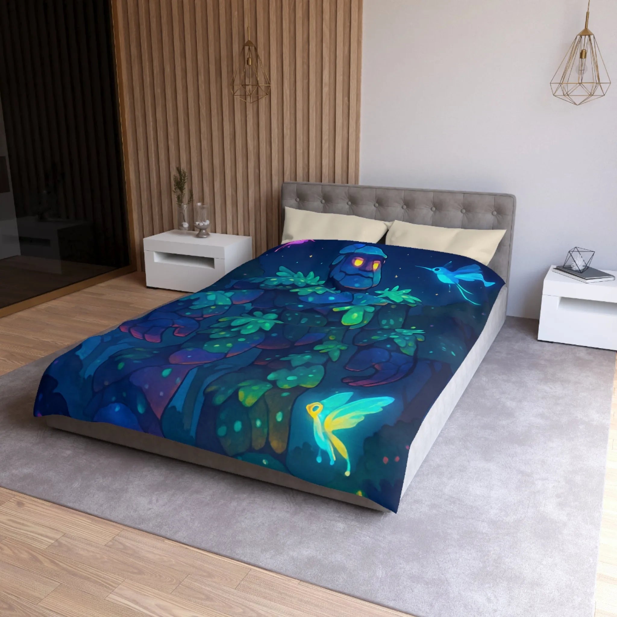 Housse de Couette Féérique avec Golem Lumineux et Fées dans la Forêt Nocturne