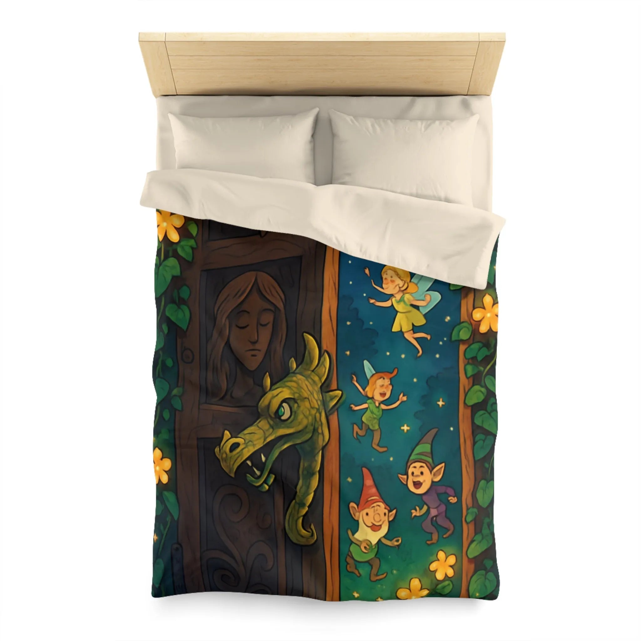 Housse de couette magique avec fées et lutins dans une forêt enchantée la nuit