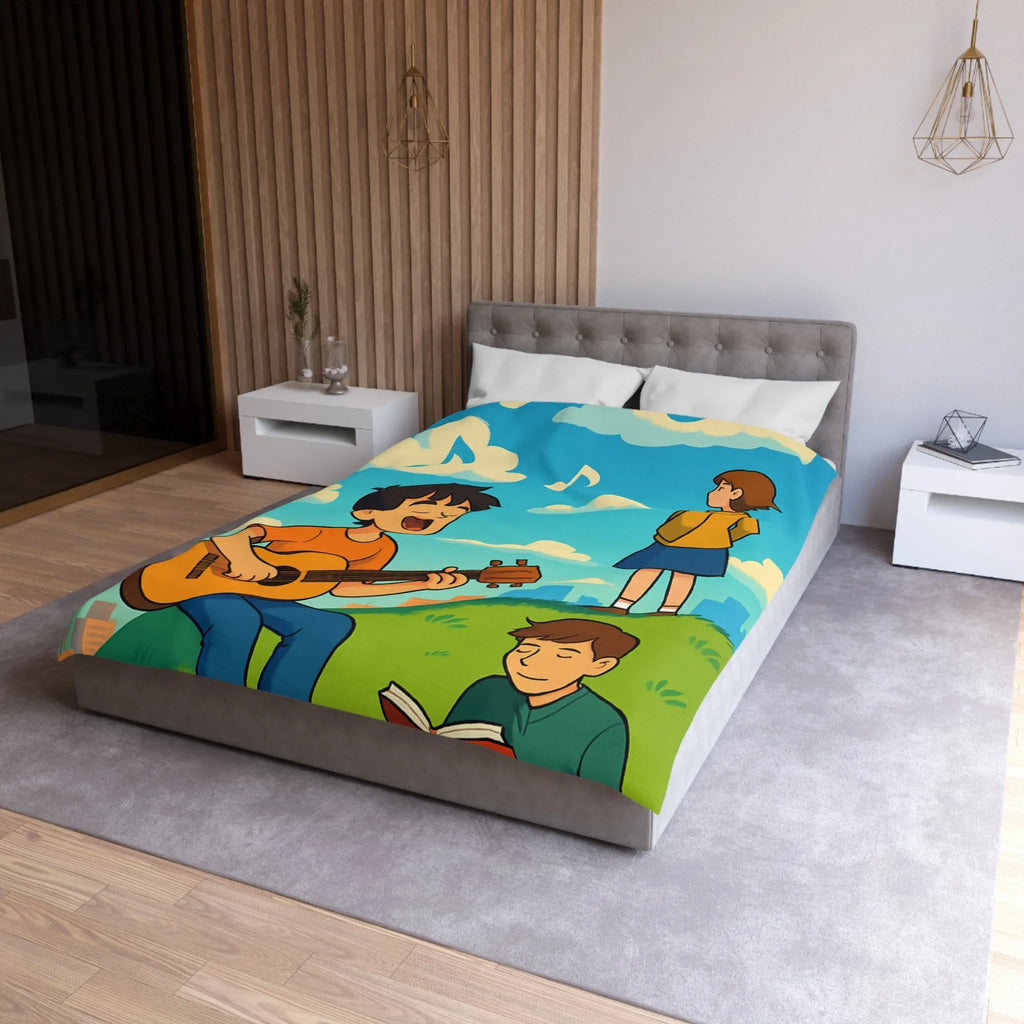 Housse de couette avec personnages chantant et lisant sur colline ensoleillée