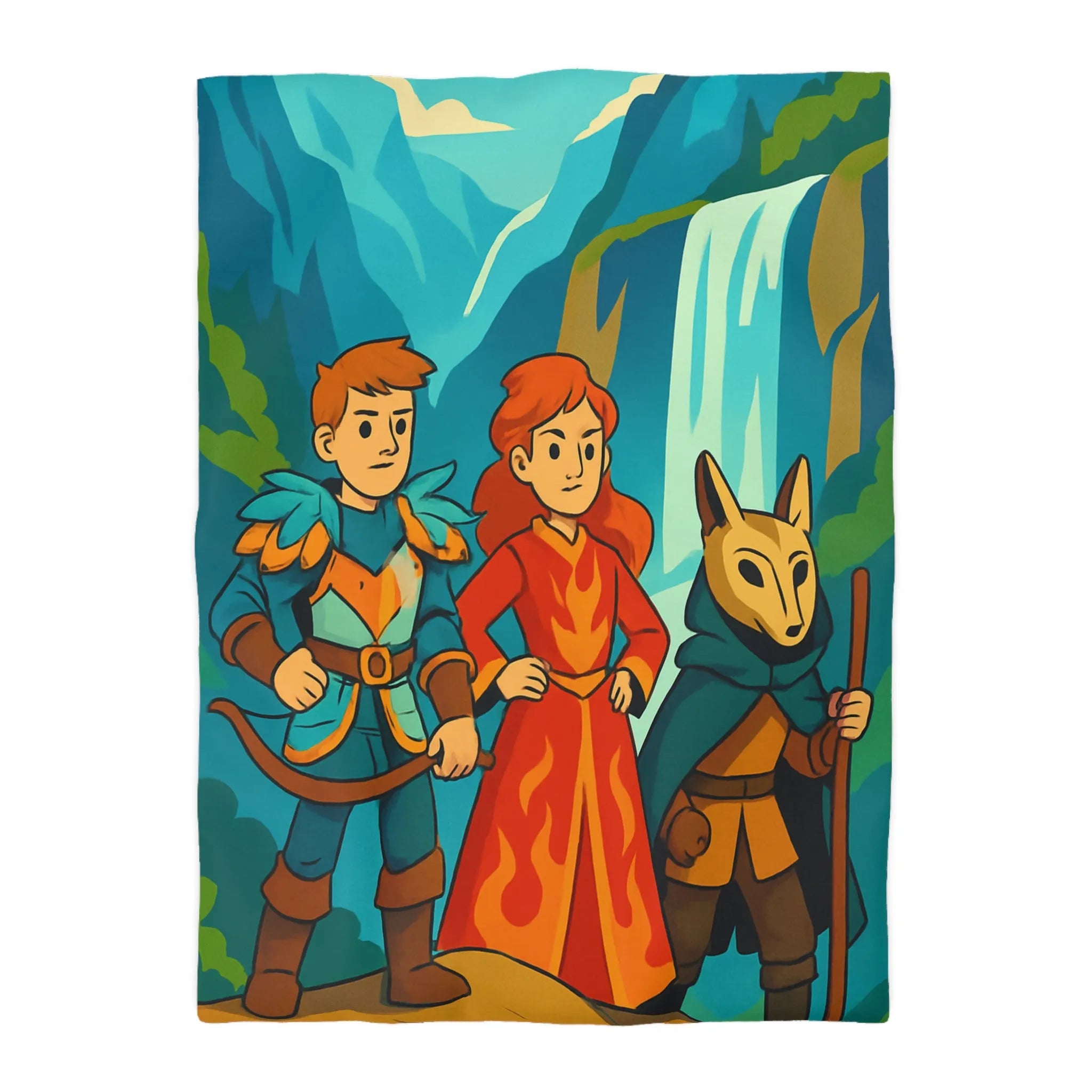 Housse de couette avec illustration aventureuse de personnages devant une cascade majestueuse
