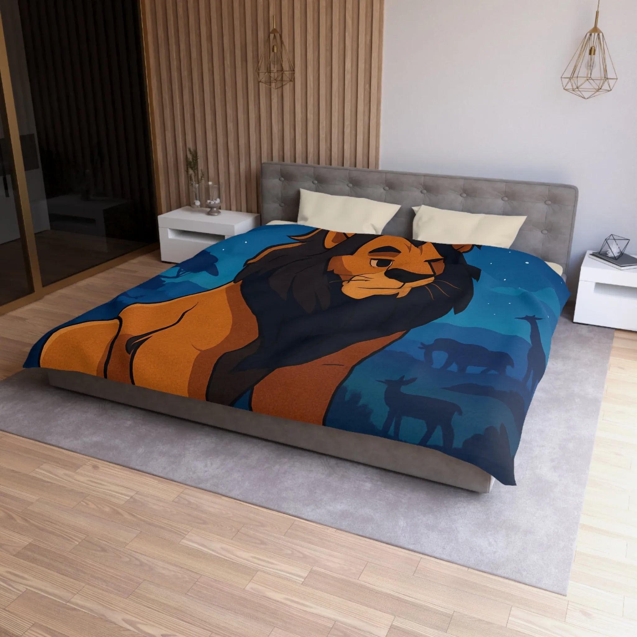 Housse de couette lion majestueux sous lune brillante pour chambre enfant rêveuse et aventurière