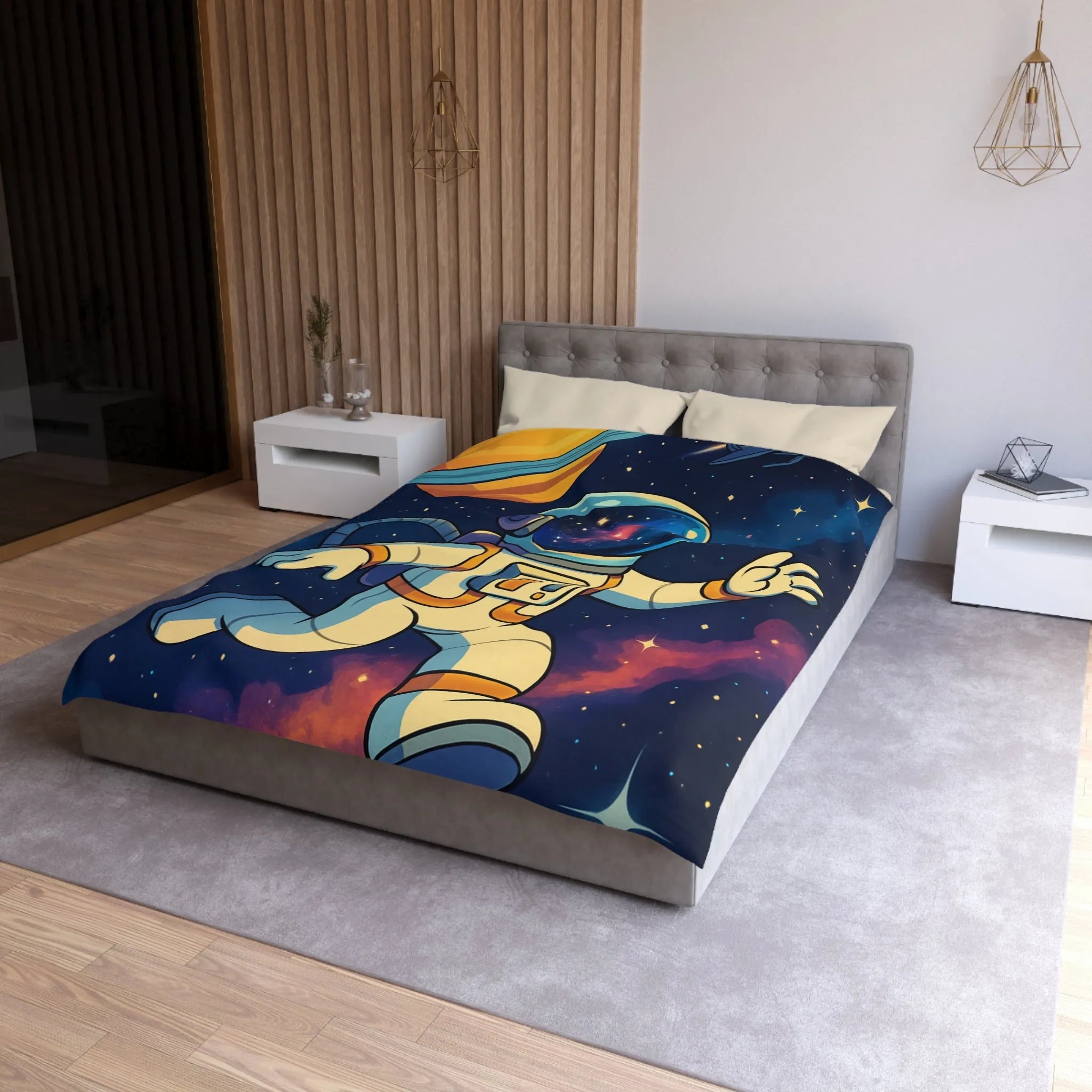 Housse de couette avec astronaute, planète et fusée dans l'espace étoilé coloré