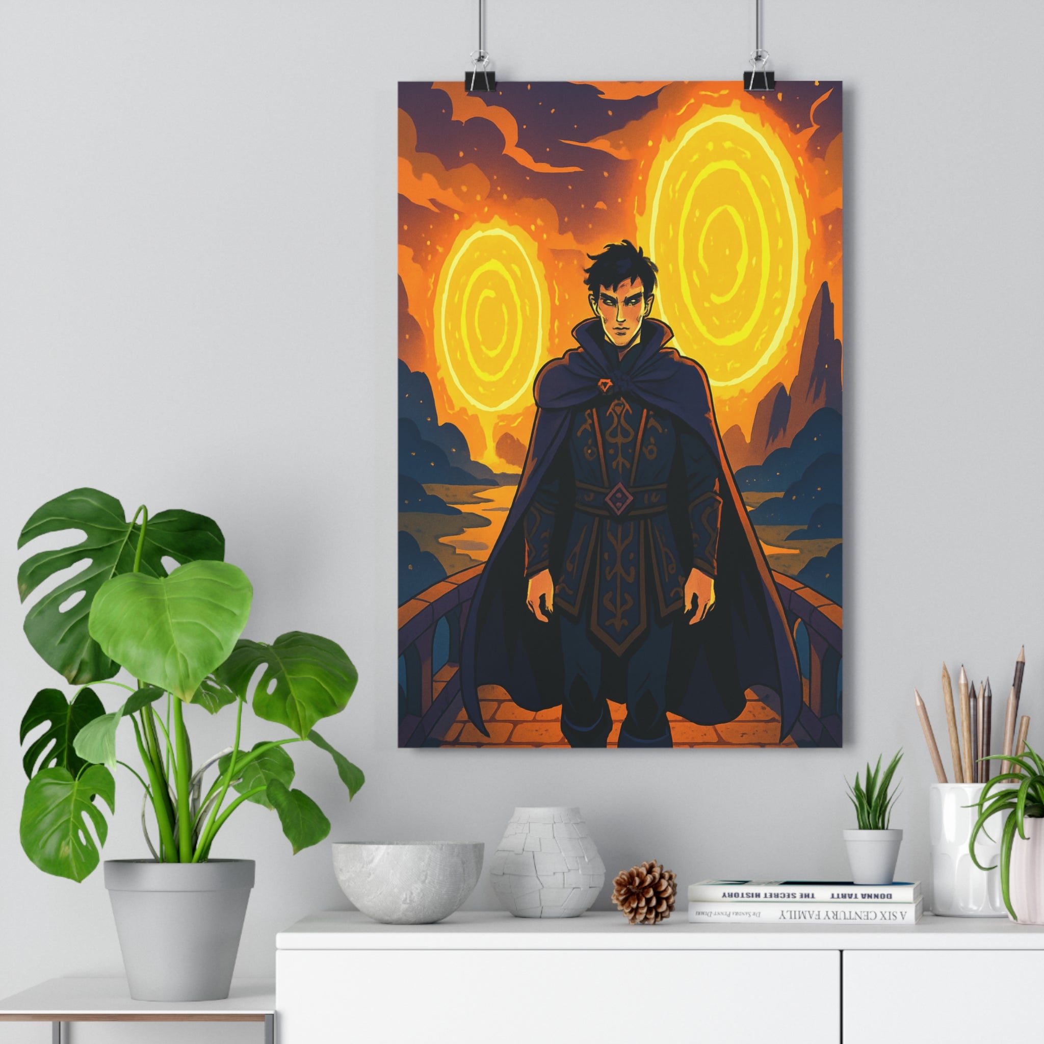 Poster décoratif chevalier cape sombre nuages orange lumière mystique fantasy chambre salon qualité détaillé