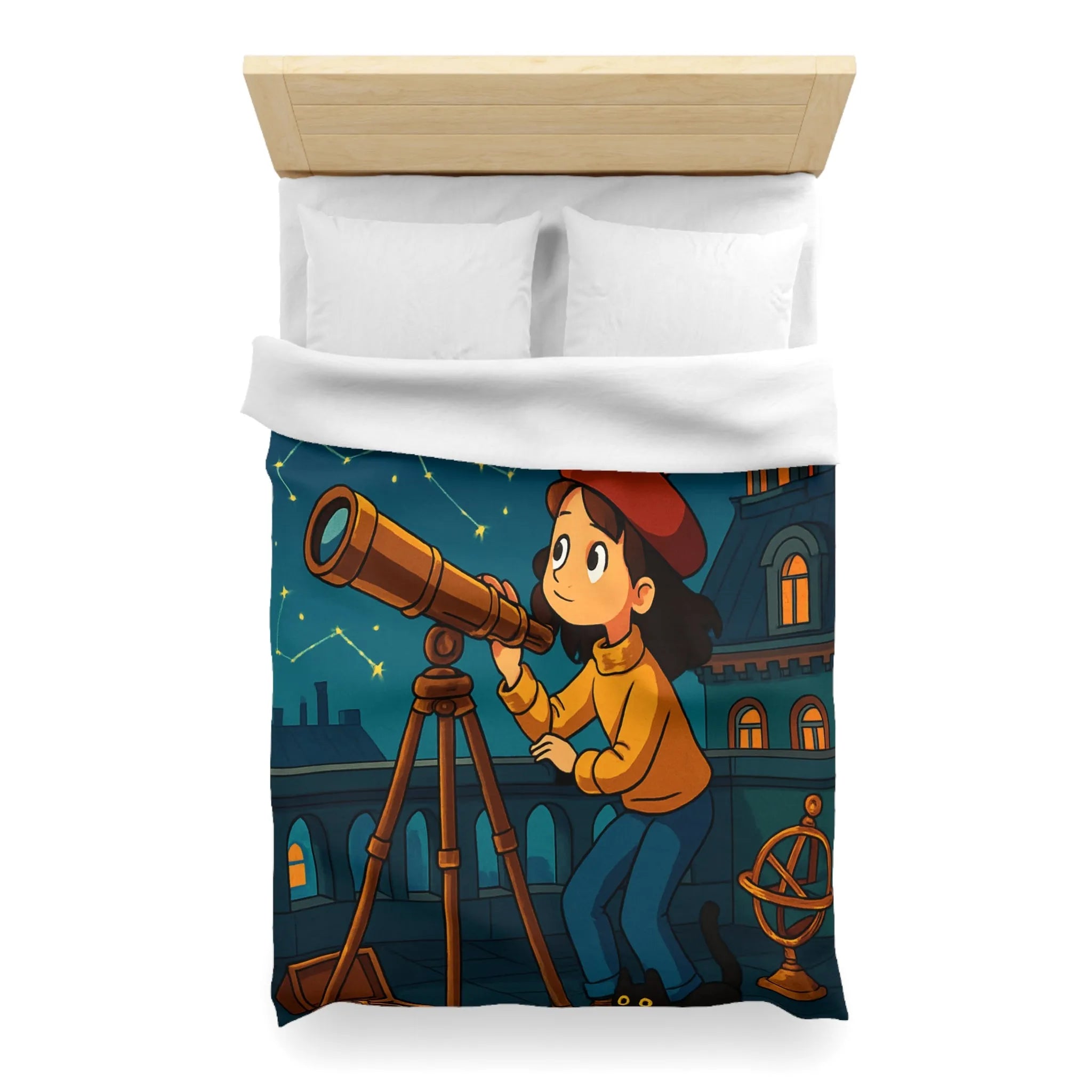 Housse de Couette Enfant Astronome avec Télescope, Ciel Étoilé Magique et Constellations