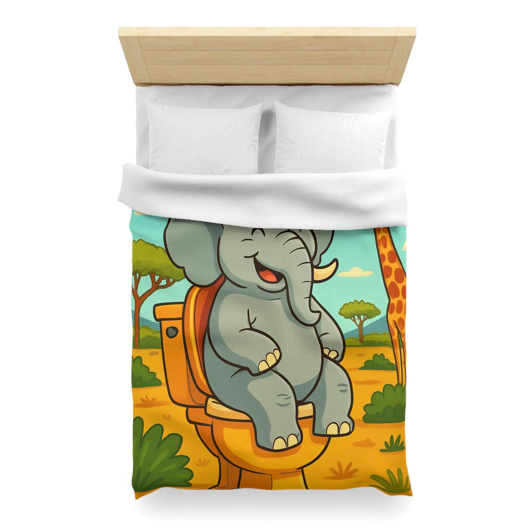 Housse de couette joyeuse éléphant sur toilettes en pleine savane colorée