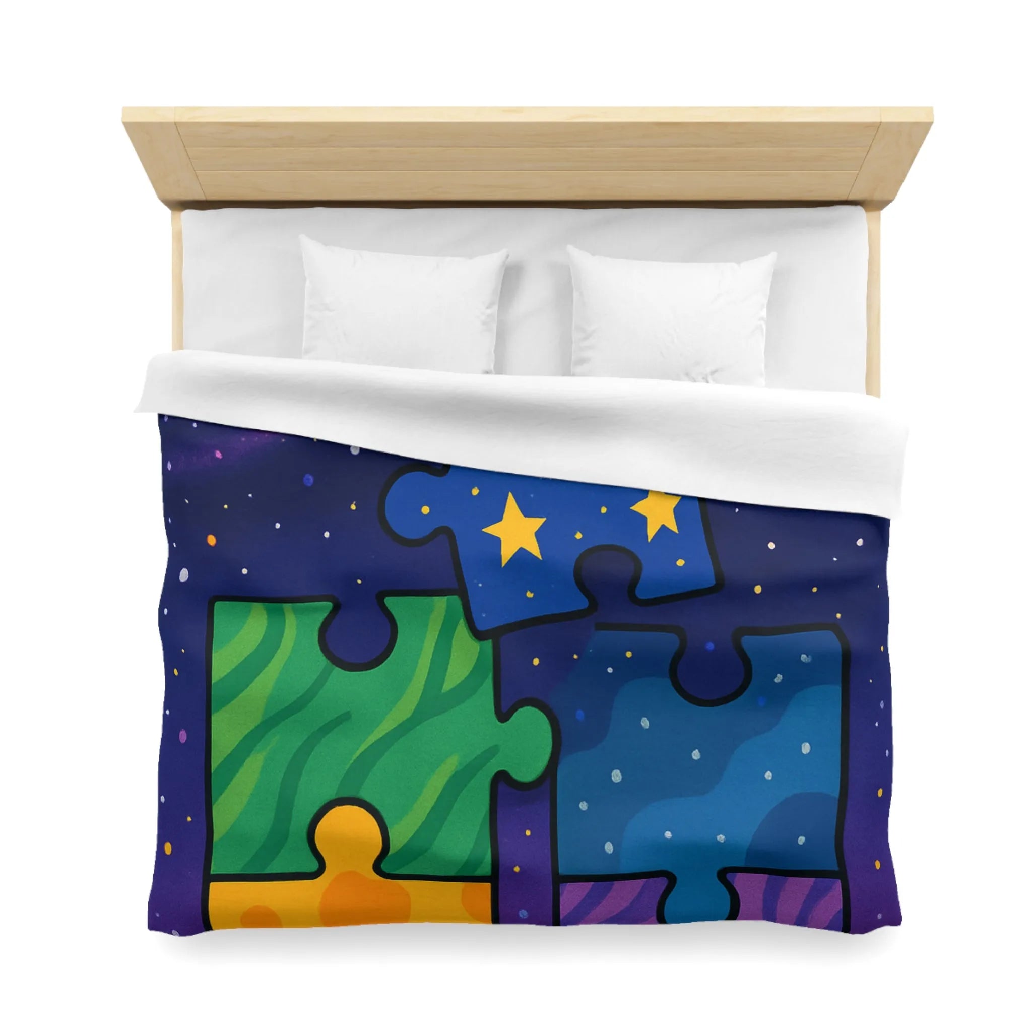 Housse de couette colorée avec motifs puzzle vibrants et design cosmique étoilé