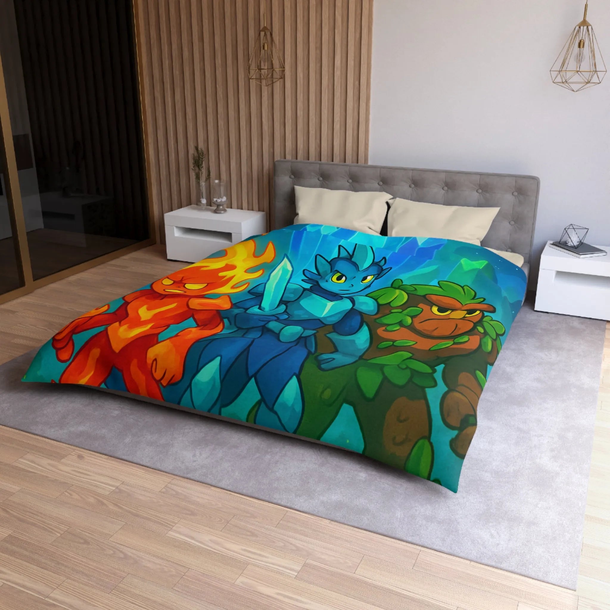 Housse de couette avec personnages élémentaires : feu, glace et terre, ambiance fantastique