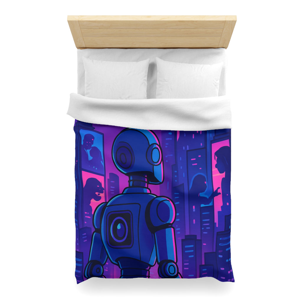 Séduisante housse de couette futuriste robot bleu néons drones anime horizon nuit