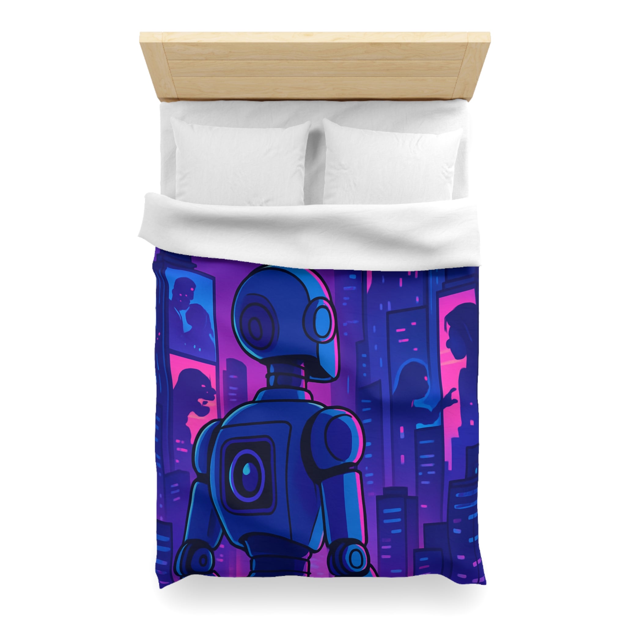 Séduisante housse de couette futuriste robot bleu néons drones anime horizon nuit