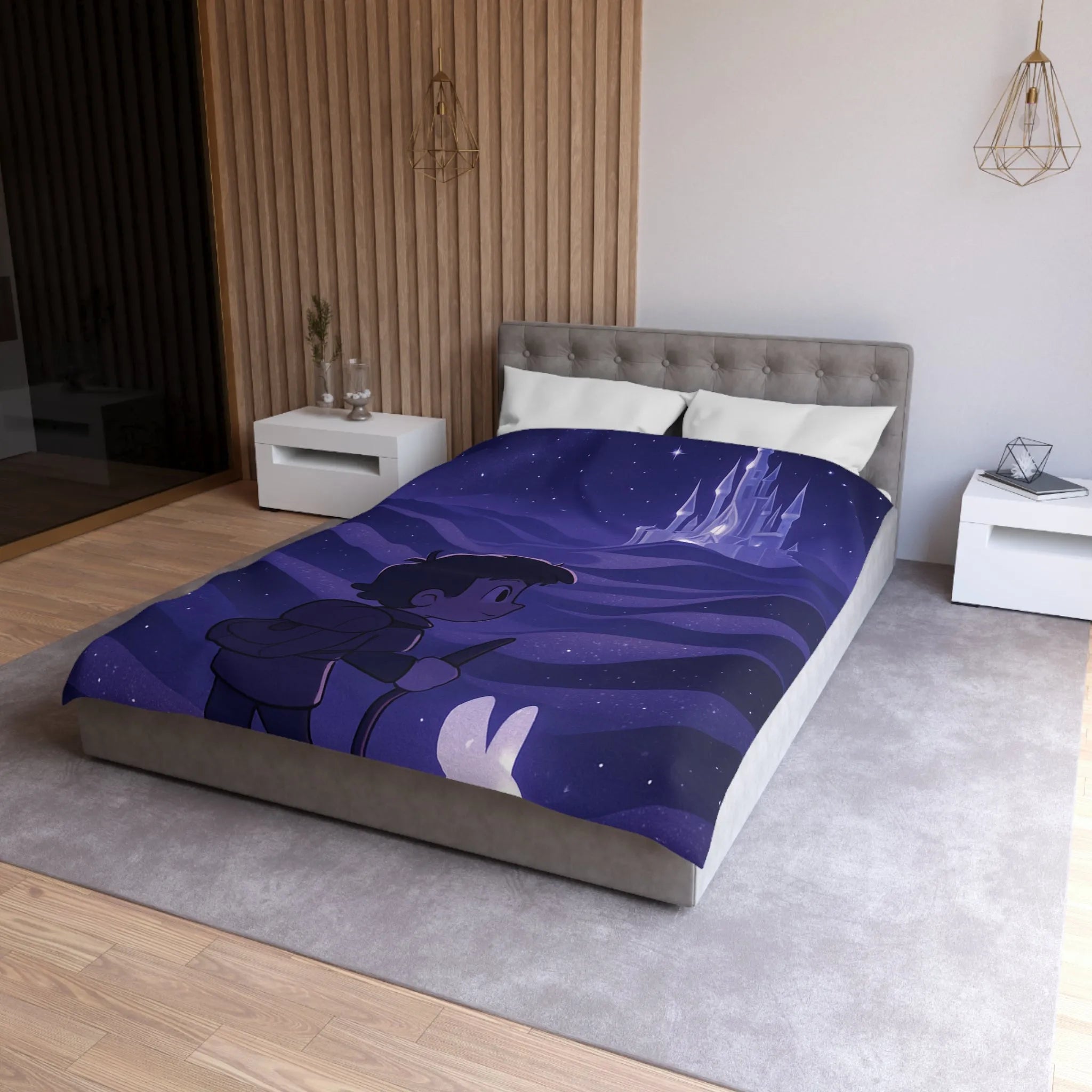 Housse de couette magique avec château céleste et promeneur nocturne scintillant