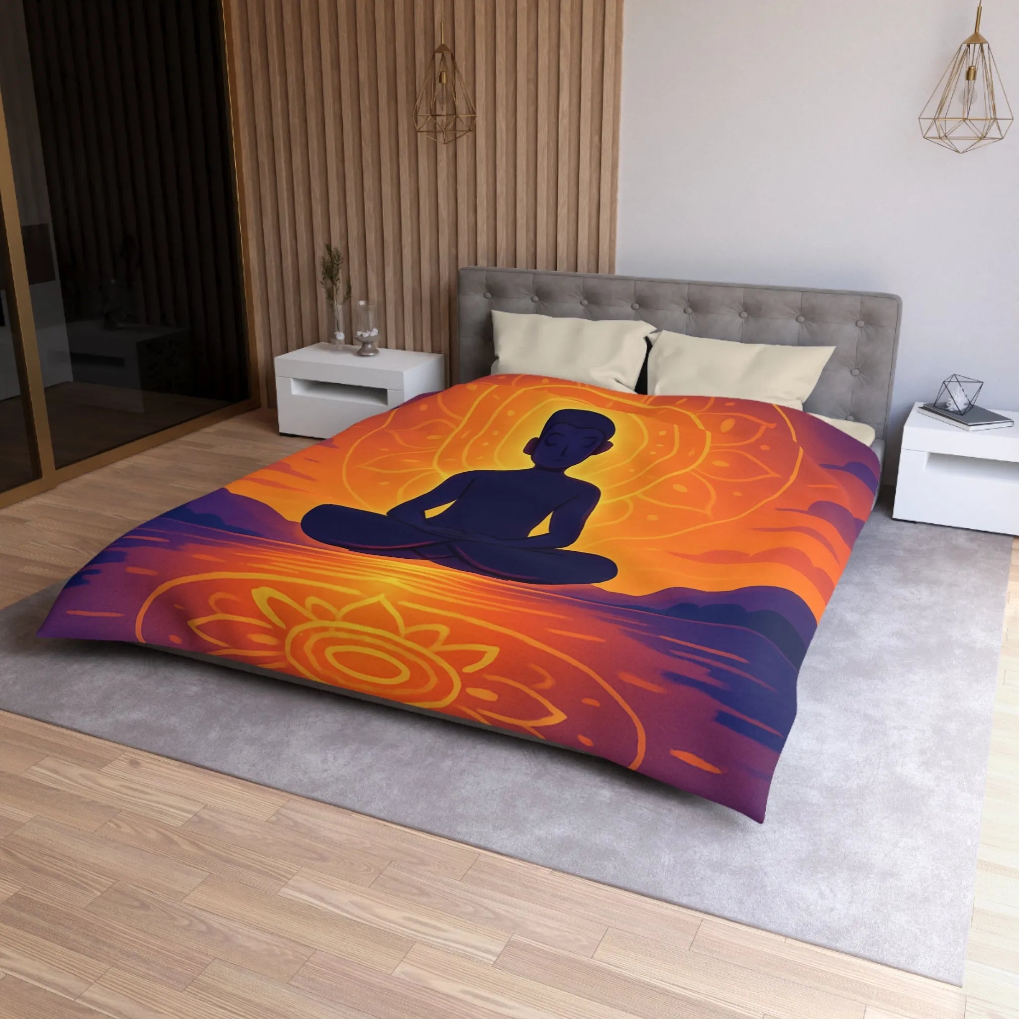 Housse de couette méditation silhouette au coucher de soleil avec reflet mandala lumineux
