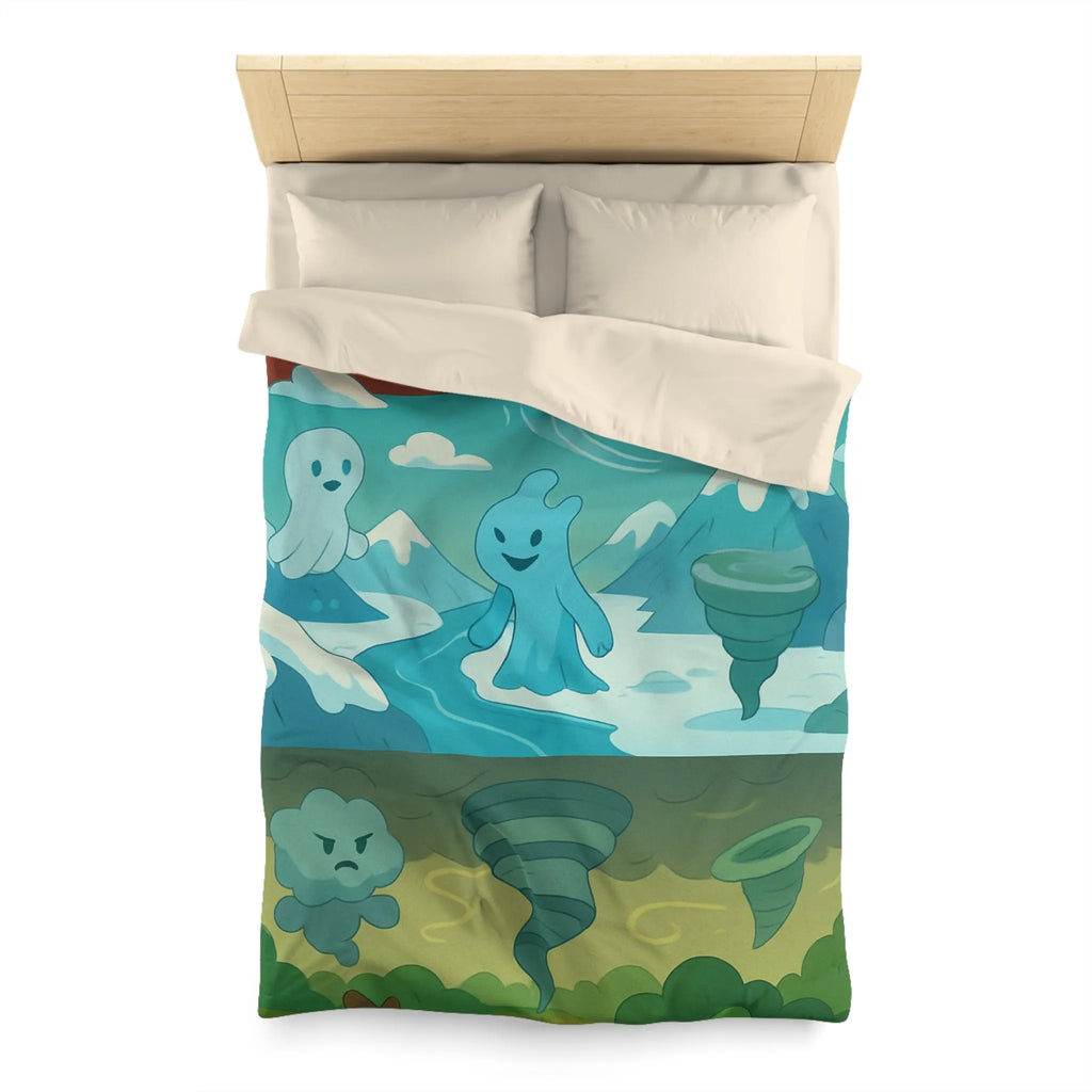 Housse de couette illustrant esprits élémentaires dans des paysages fantastiques vibrants et colorés