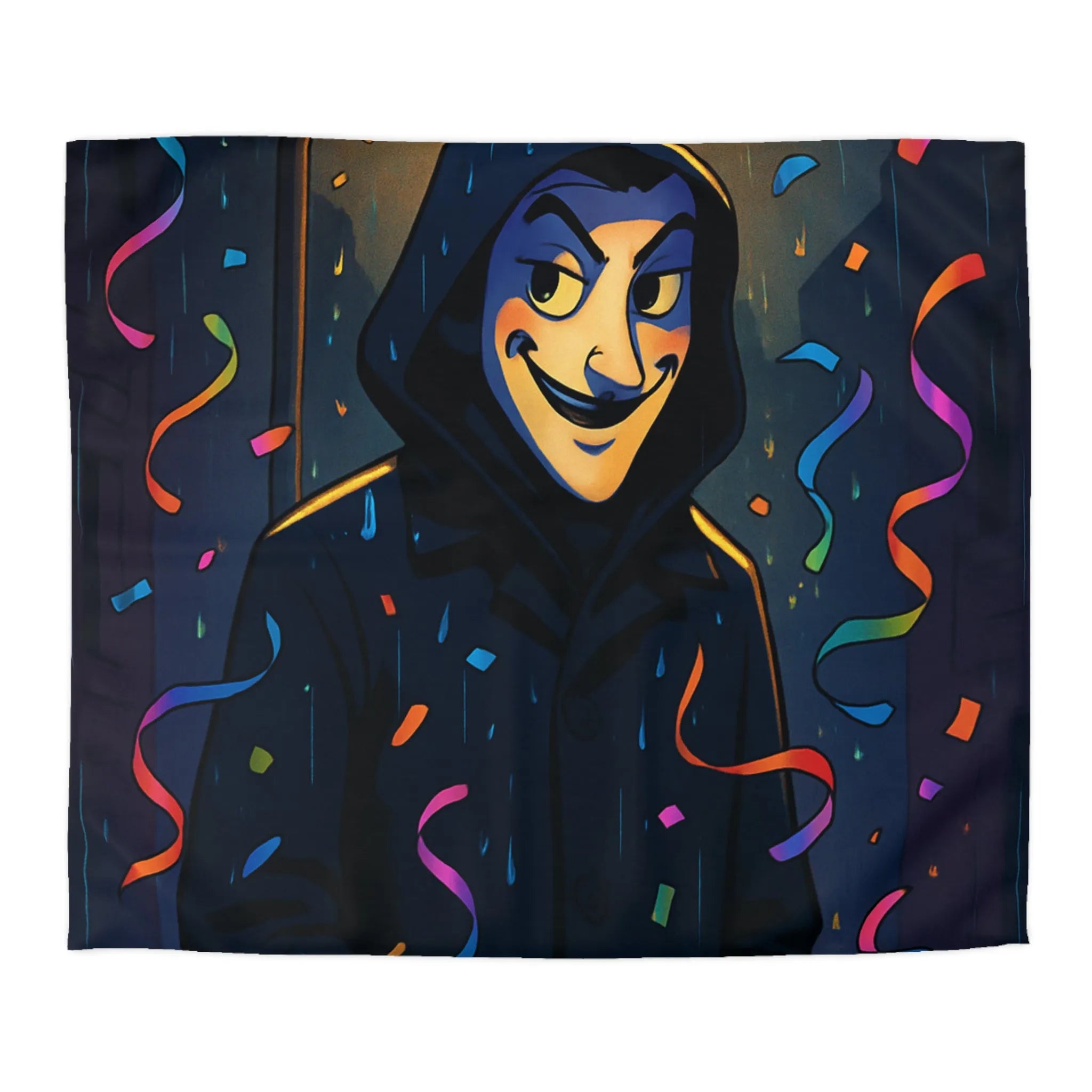 Housse de couette artistique joyeuse avec personnage mystérieux sous réverbère nocturne coloré