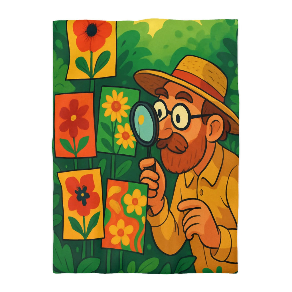 Housse de couette florale colorée avec botaniste examinant des illustrations en pleine nature