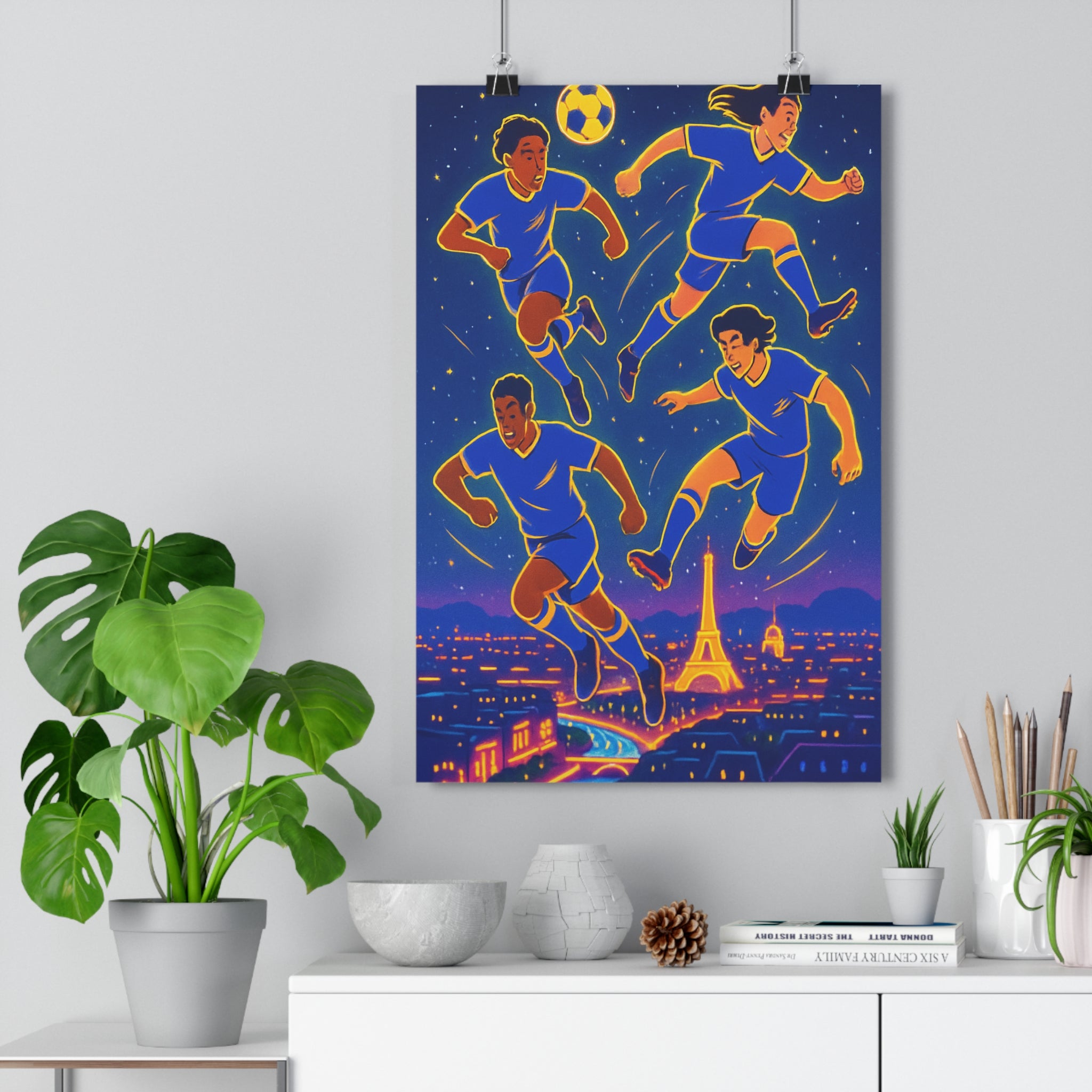 Poster décoratif cartoon lumineux dynamique football Paris bleu nocturne magique chambre art tendance qualité