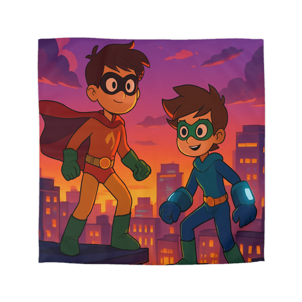 Housse de couette pour enfants avec deux jeunes super-héros au coucher du soleil