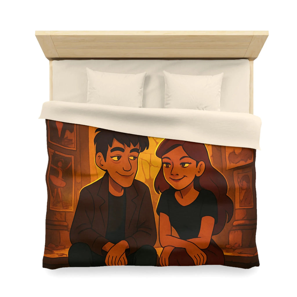 Housse de couette avec illustration romantique de couple devant vitrail chaleureux et intime