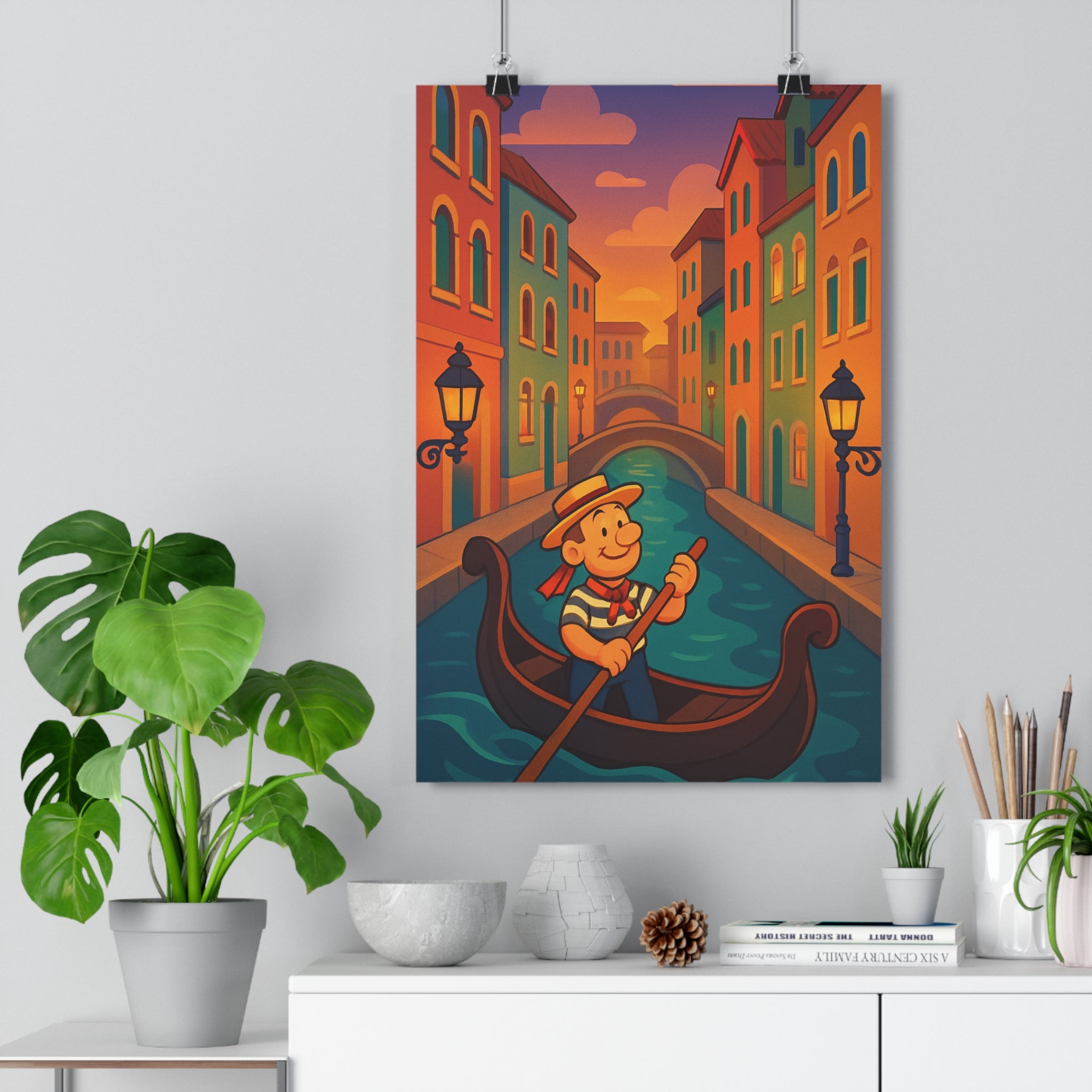 Poster décoratif cartoon romantique Venise bleu orange salon chambre gondolier charmant ambiance italienne unique