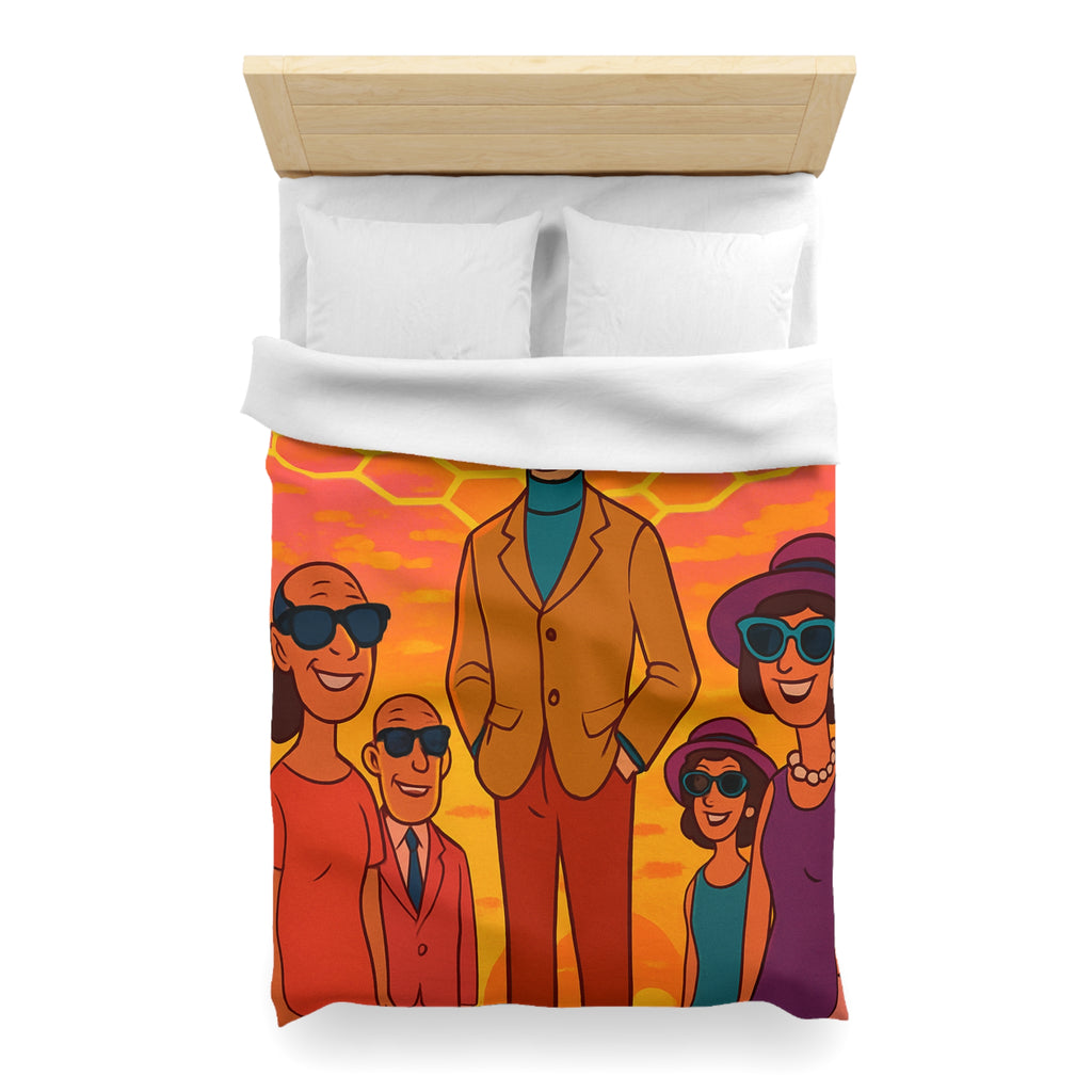 Motifs colorés hexagonaux vibrant avec personnages stylisés dans un paysage ensoleillé unique