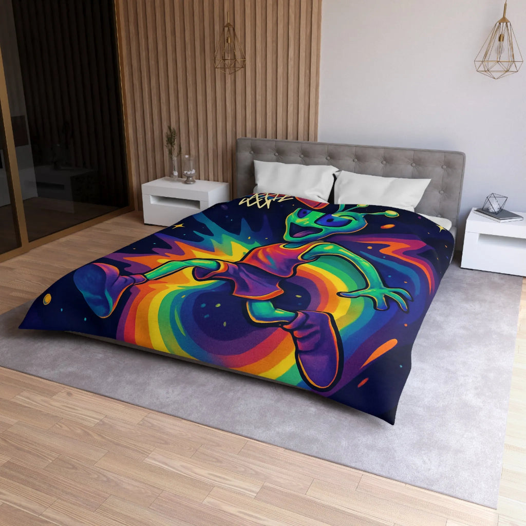 Housse de couette colorée avec alien jouant au basket dans l'espace intergalactique étoilé