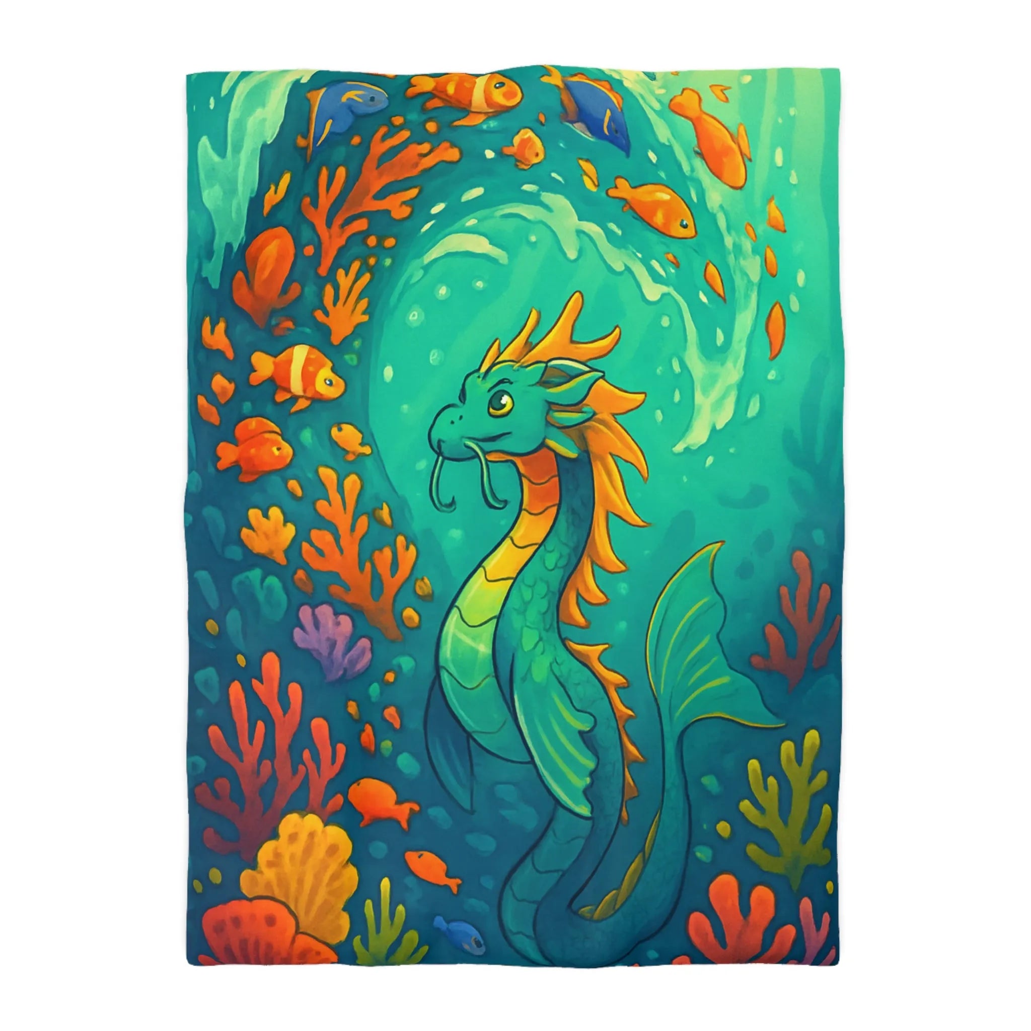 Housse de couette avec dragon marin et poissons dans des eaux colorées vibrantes