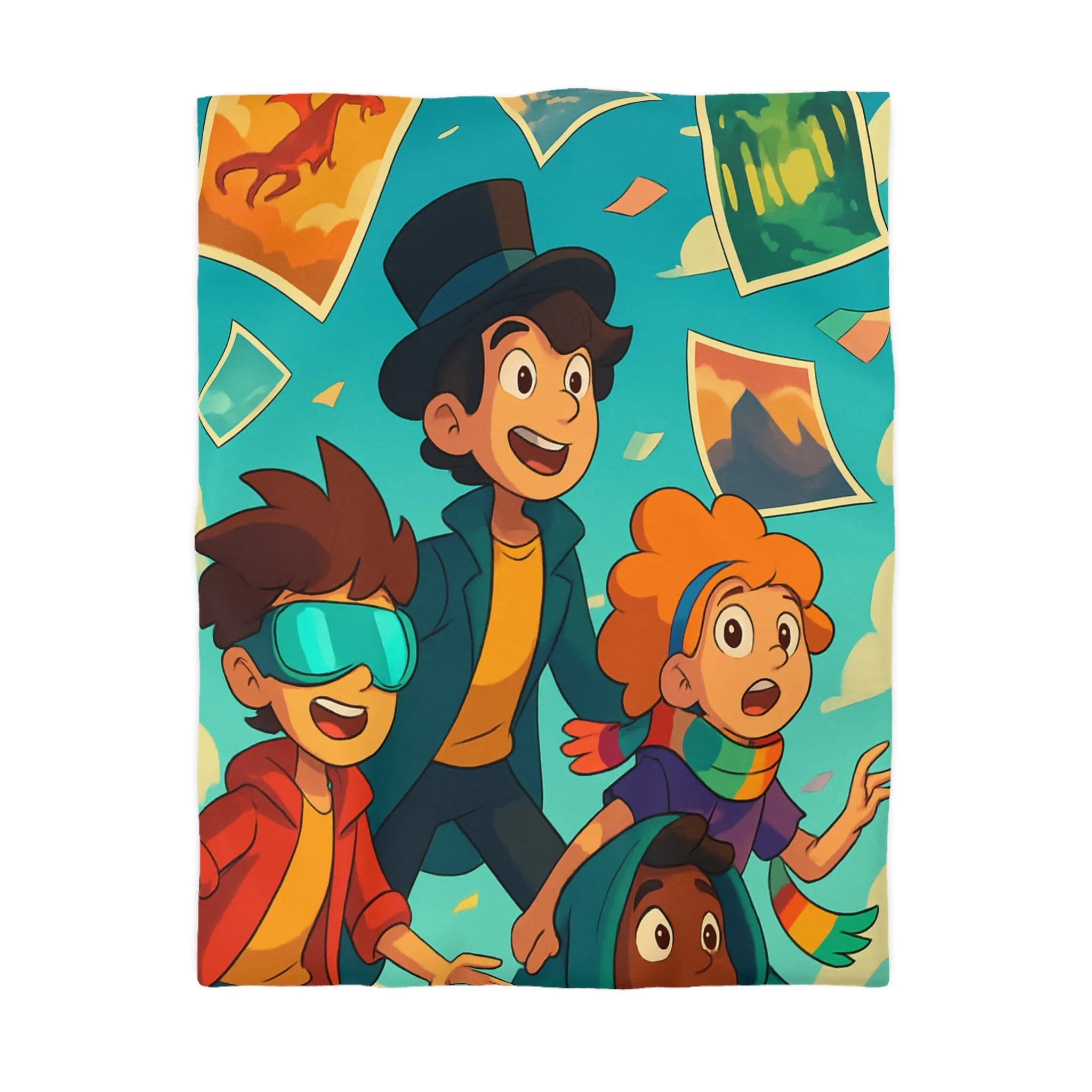 Housse de couette colorée avec enfants explorateurs et illustrations de paysages flottants