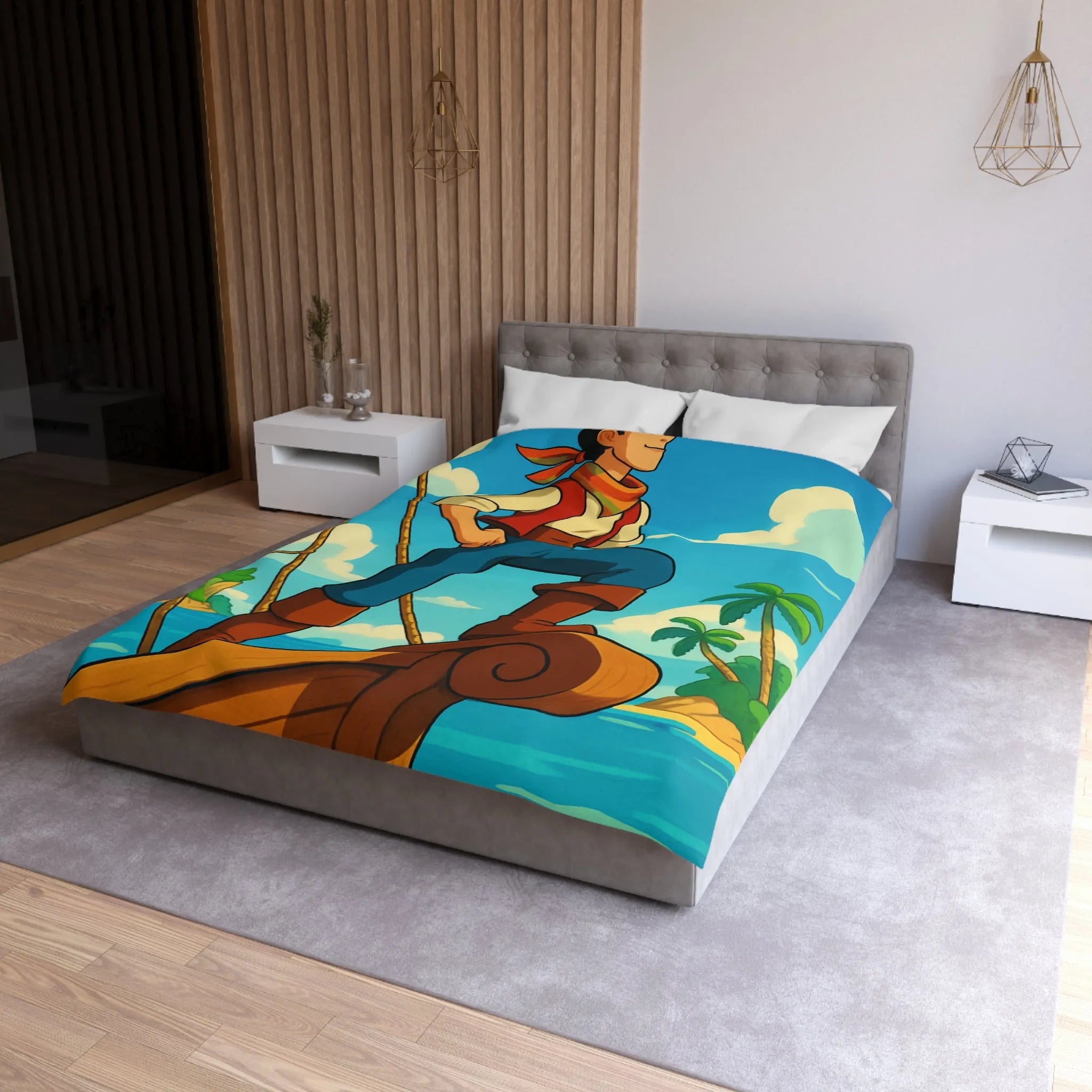 Housse de couette avec illustration de marin aventurier naviguant parmi palmiers et mer azur