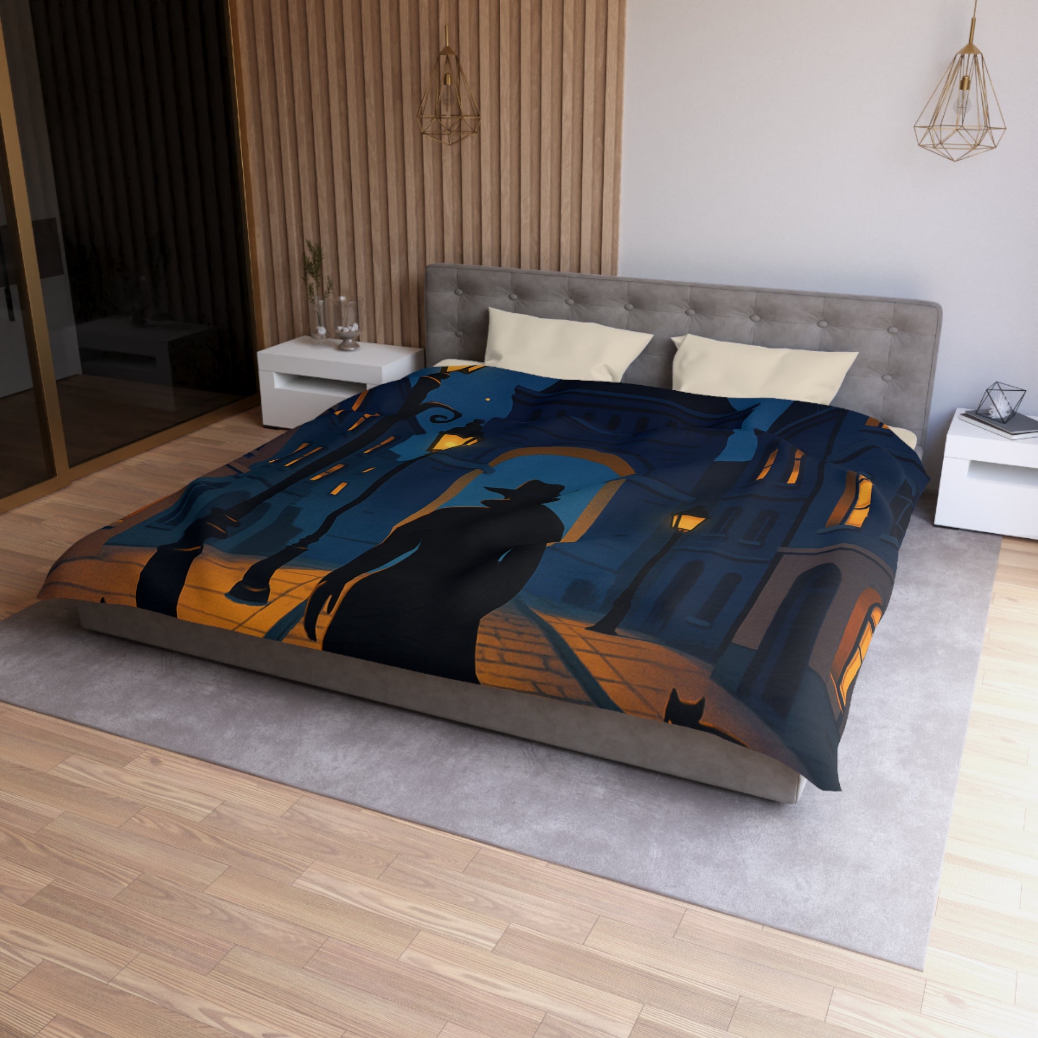 Housse de couette noire mystérieuse, silhouette d'homme avec chats et lampadaires nocturnes