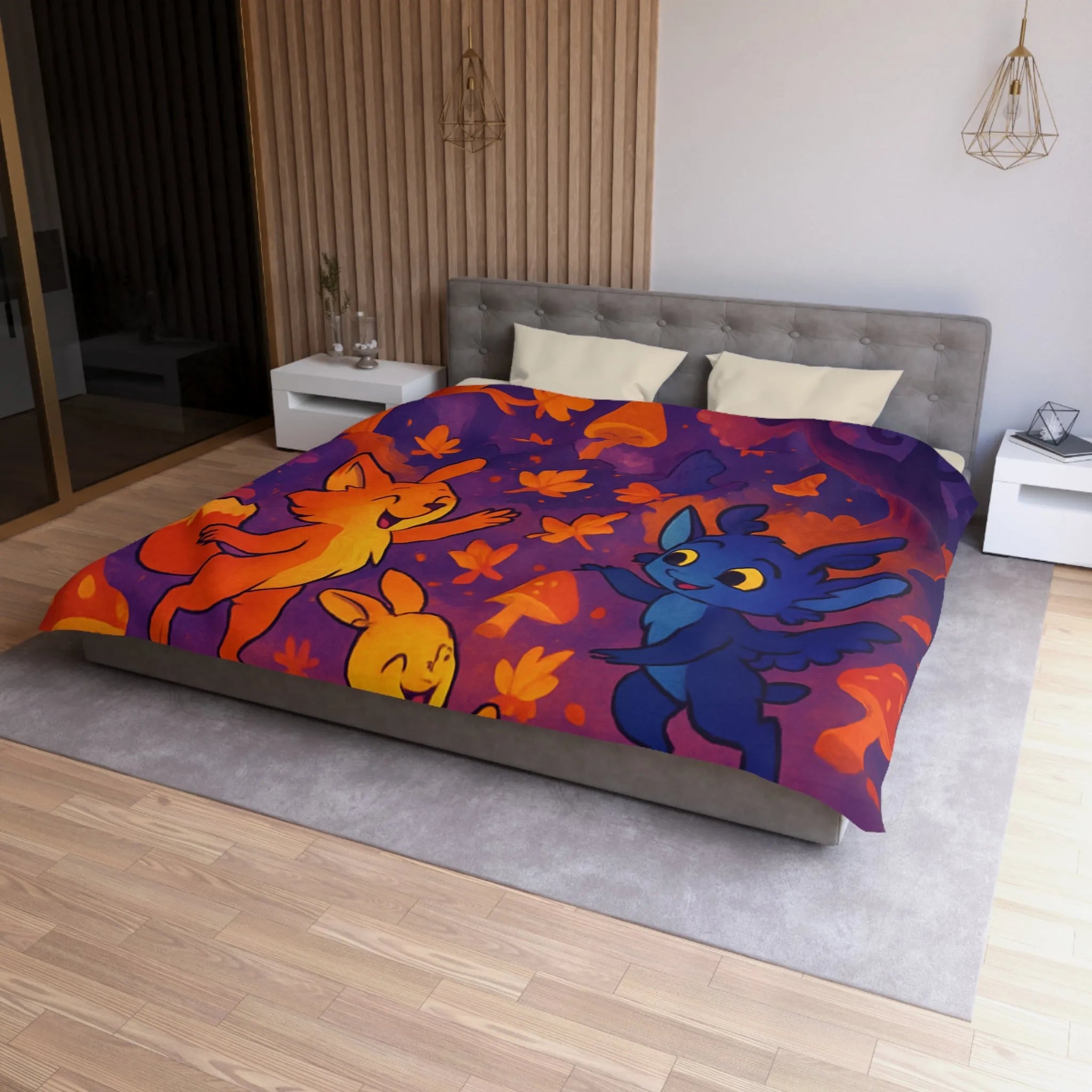 Housse de couette foret enchantée avec animaux fantastiques et ambiance féerique en couleurs vives