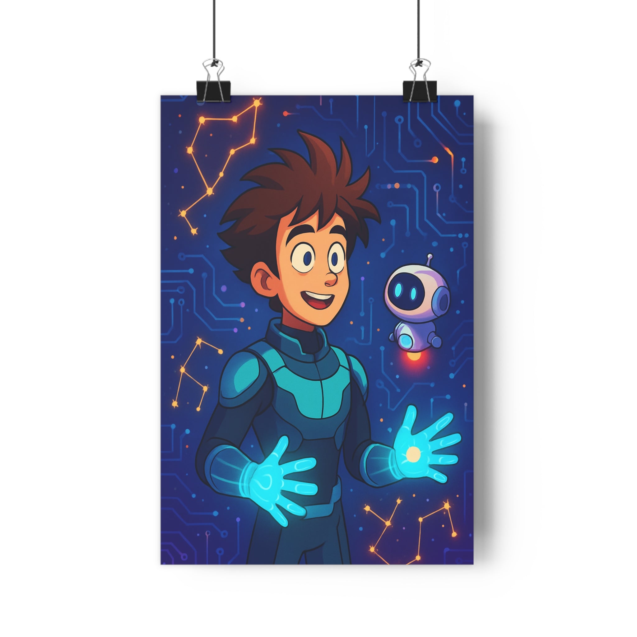 Poster décoratif futuriste bleu orange héros circuits modernes enfant chambre bureau dynamique 30x46 qualité