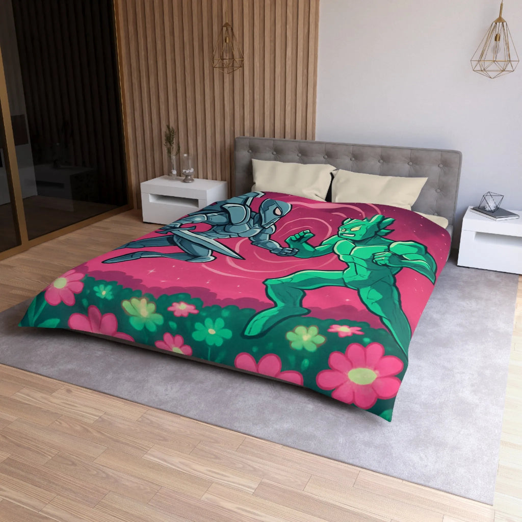 Housse de couette illustrée super-héros ailé avec scène de combat cosmique floral coloré
